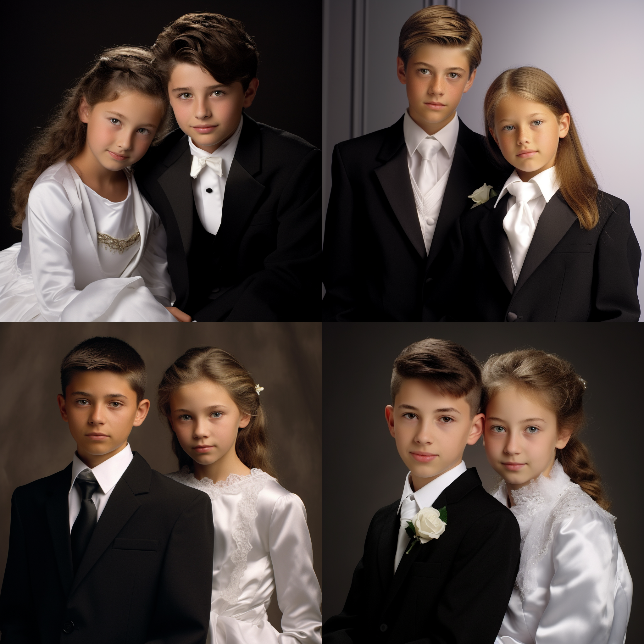 把这张照片替换掉上一组男生的脸，西装只要纯黑色，不要有任何图案，女生穿白色缎面婚纱，不要有其他颜色，整体要简约干净 超高分辨率 写实 真实 1男孩 1女孩