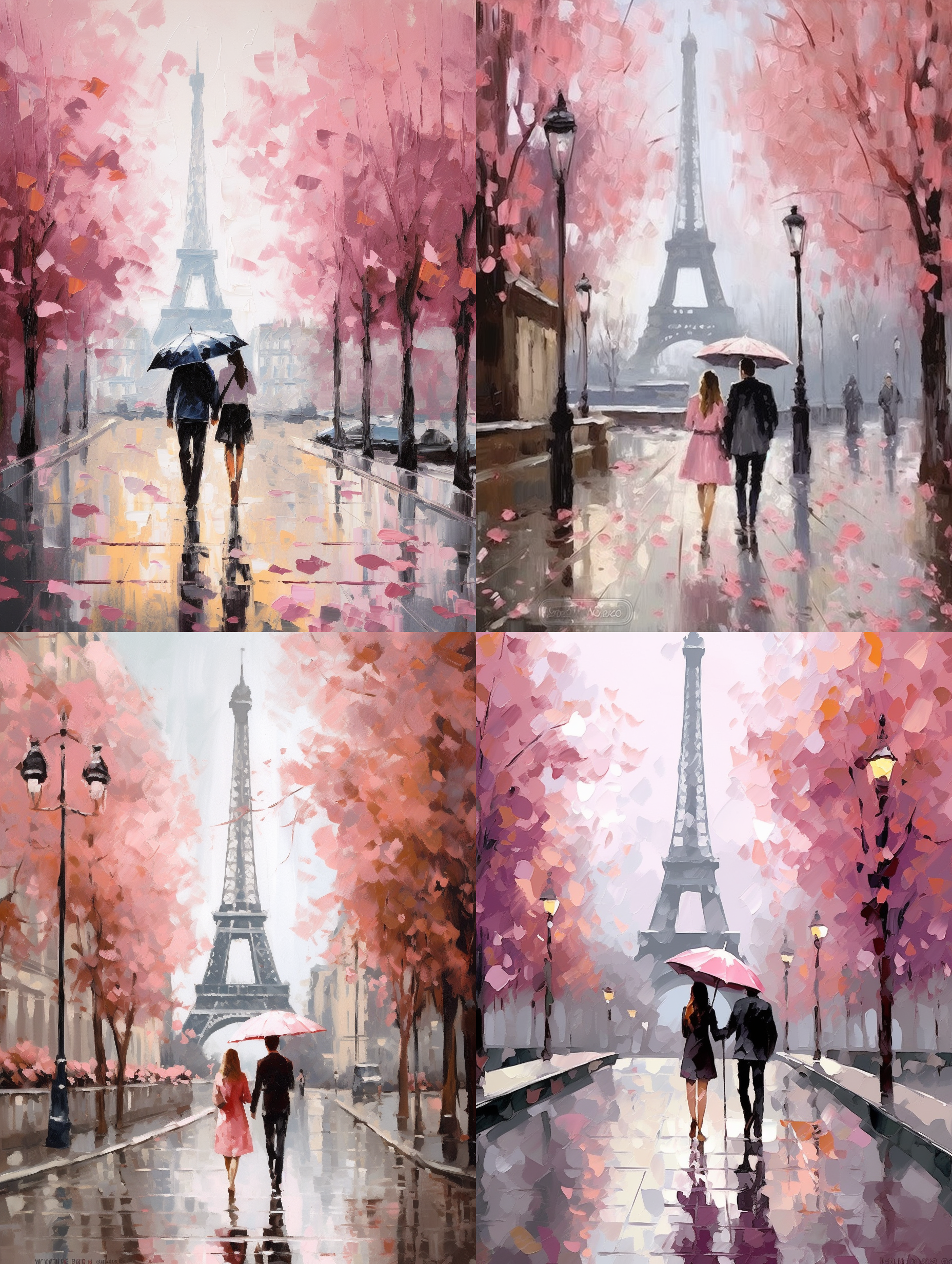 oil painting, paris. european city landscape. france, wallpaper, eiffel tower. black, white and pink, modern art. couple under an umbrella on street