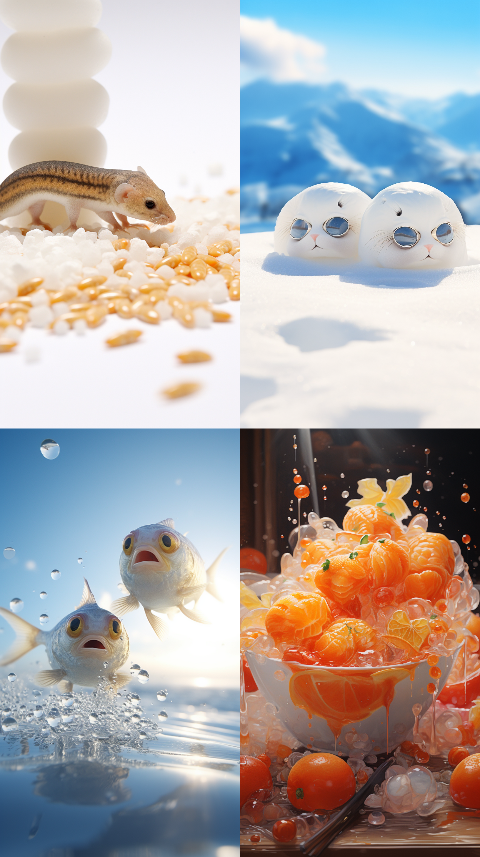 雪景中的微观世界，鱼游动在水饺之间。清晰焦距，大光圈，精细细节，冰雪环境，白色主调，镜头下的细节，超高分辨率 超高分辨率