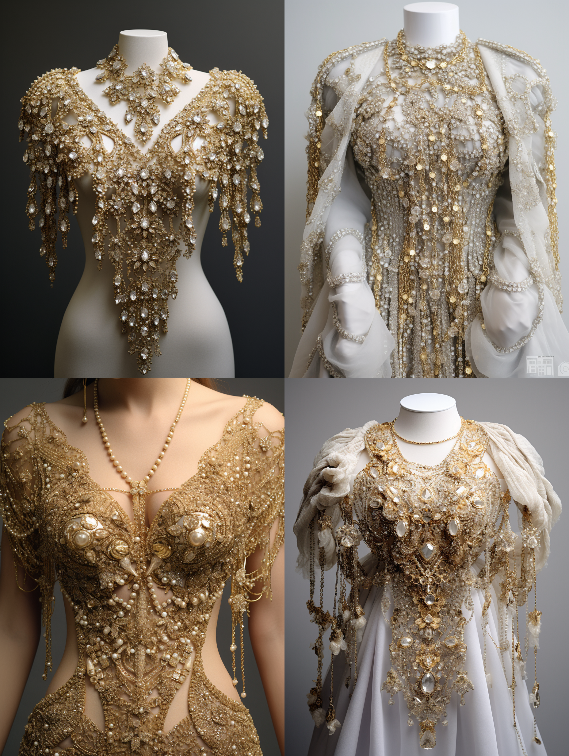 一件衣服，用很多巨大的珠宝。钻石，黄金丝线做成的金黄金黄的衣服，非常华丽。白色底