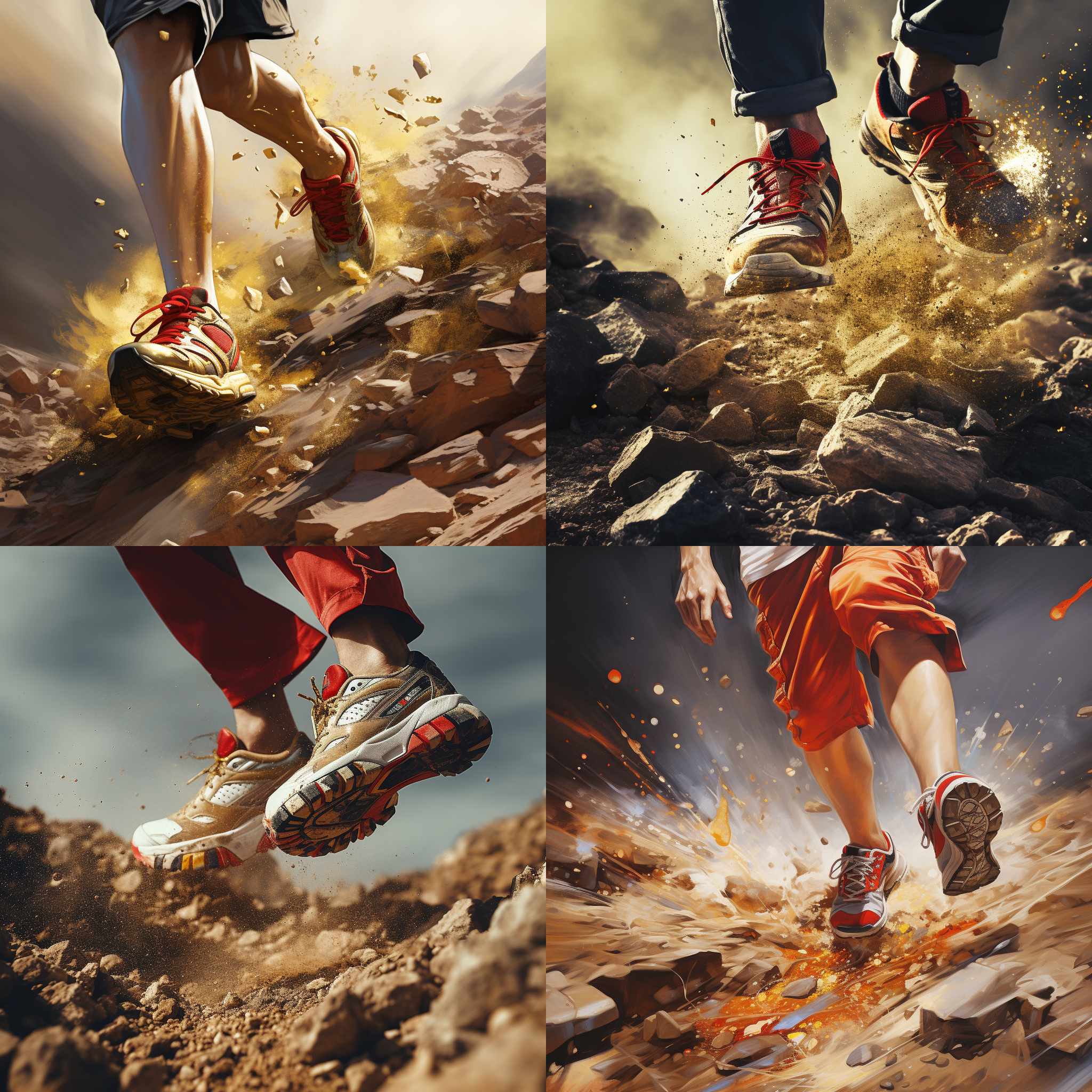 一只正在走 下山坡的脚，金色和红 色的鞋子，健康，充满运动气息，飞溅的尘土，岩石，拉近放大鞋子和脚，