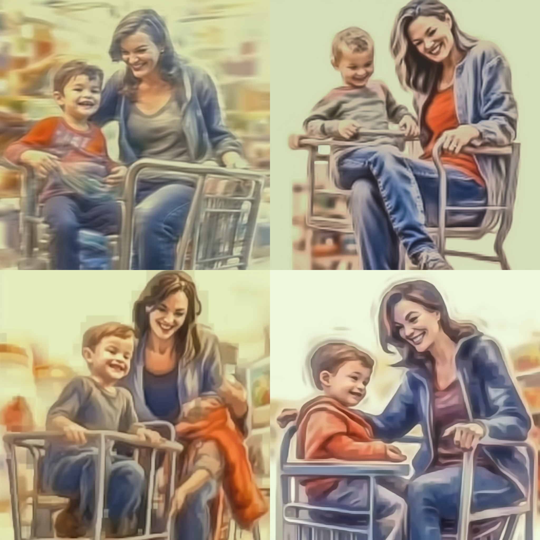 一个宝妈和一个孩子，孩子坐在购物车上，他们俩都开心的笑着 极高分辨率