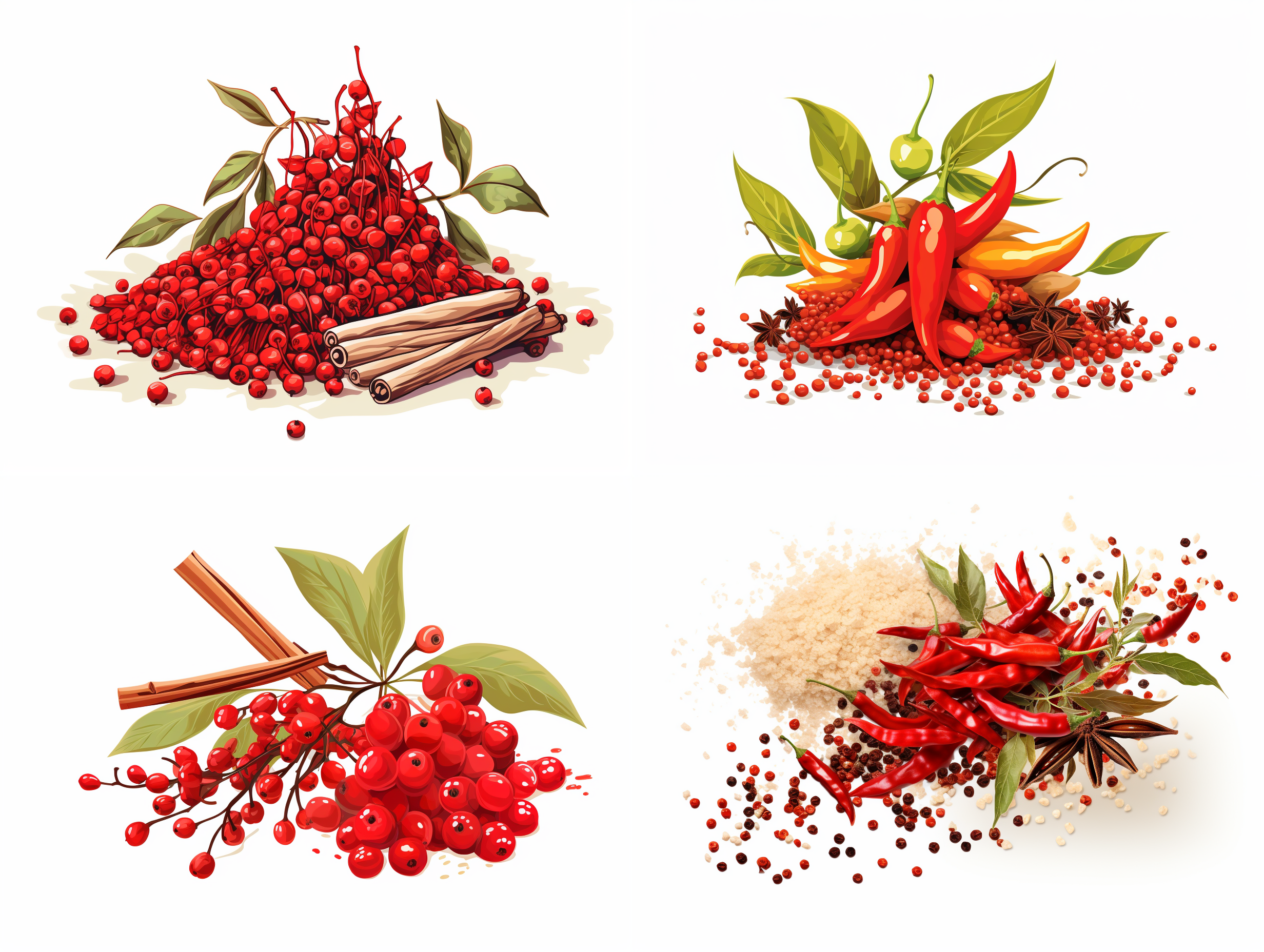 花椒和辣椒放在一起，矢量高清插图，白色背景，等构。
