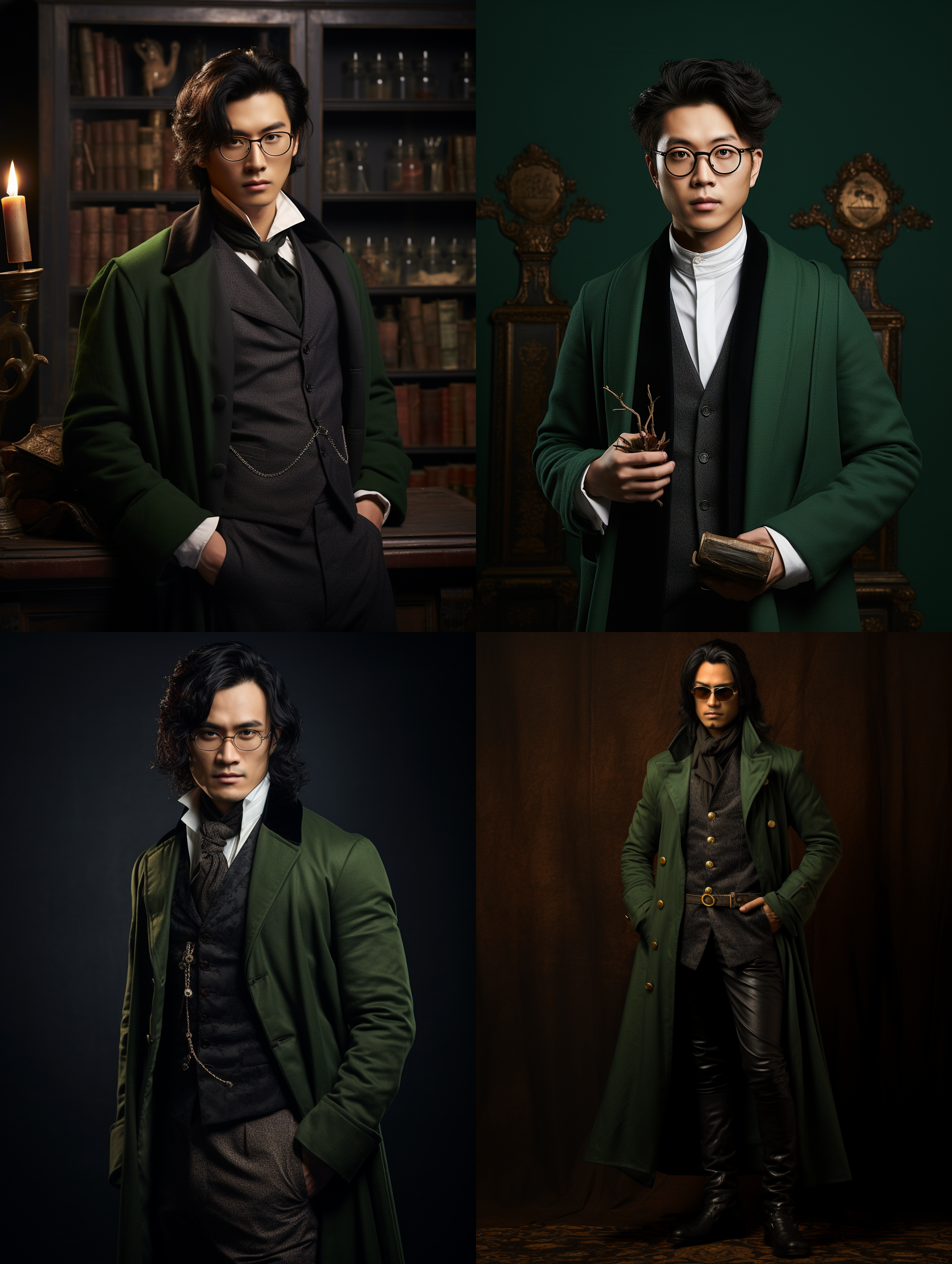 enerate an image of a young man of chinese descent, adorned with glasses and having long, wavy black hair. his attire is styled in the fashion of the early 20th century. he is draped in a deep green long trench coat over a crisp white shirt and black velvet vest, paired with black riding pants and long riding boots. he is holding a crystal in his hand. the man is standing in a stunning cave, the entirety of which glistens with numerous crystals.