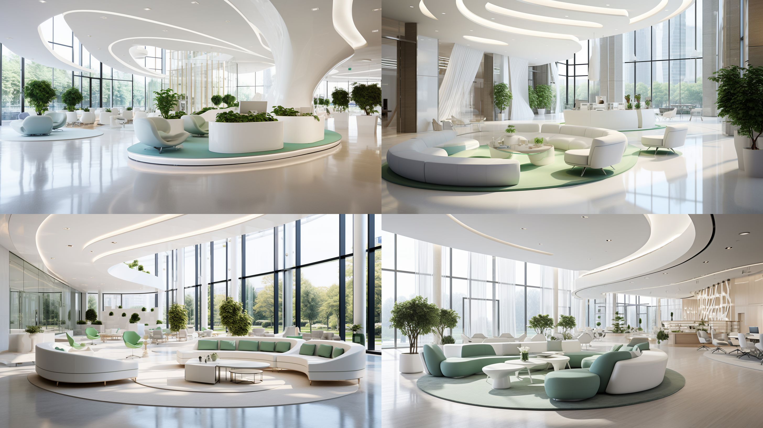 公司前厅，100平方米，有接待台，有背景墙，有休闲沙发，单层，层高较高，现代风，非常有科技感，专业，高端，极简，洁净，明亮，白色为主，浅绿色点缀，一定的弧形造型，有一点像医院，不要过于鲜艳的颜色，不要楼梯，不要过多木色，不要太夸张的造型