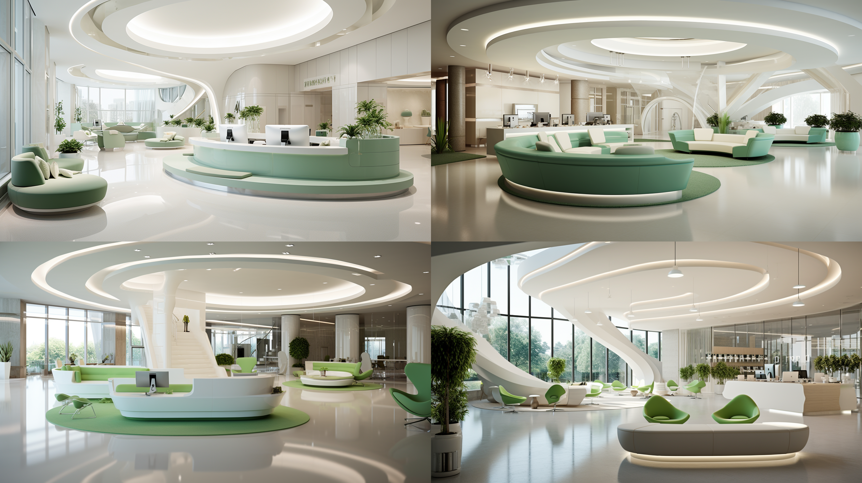 接待厅，有导诊台和背景墙，有沙发，单层，层高较高，现代风，非常有科技感，专业，高端，极简，洁净，明亮，白色为主，浅绿色点缀，一定的弧形造型；不要有过于鲜艳和太黑的颜色，不要有楼梯，不要有过多木色，不要有太夸张的造型，不要有过多植物