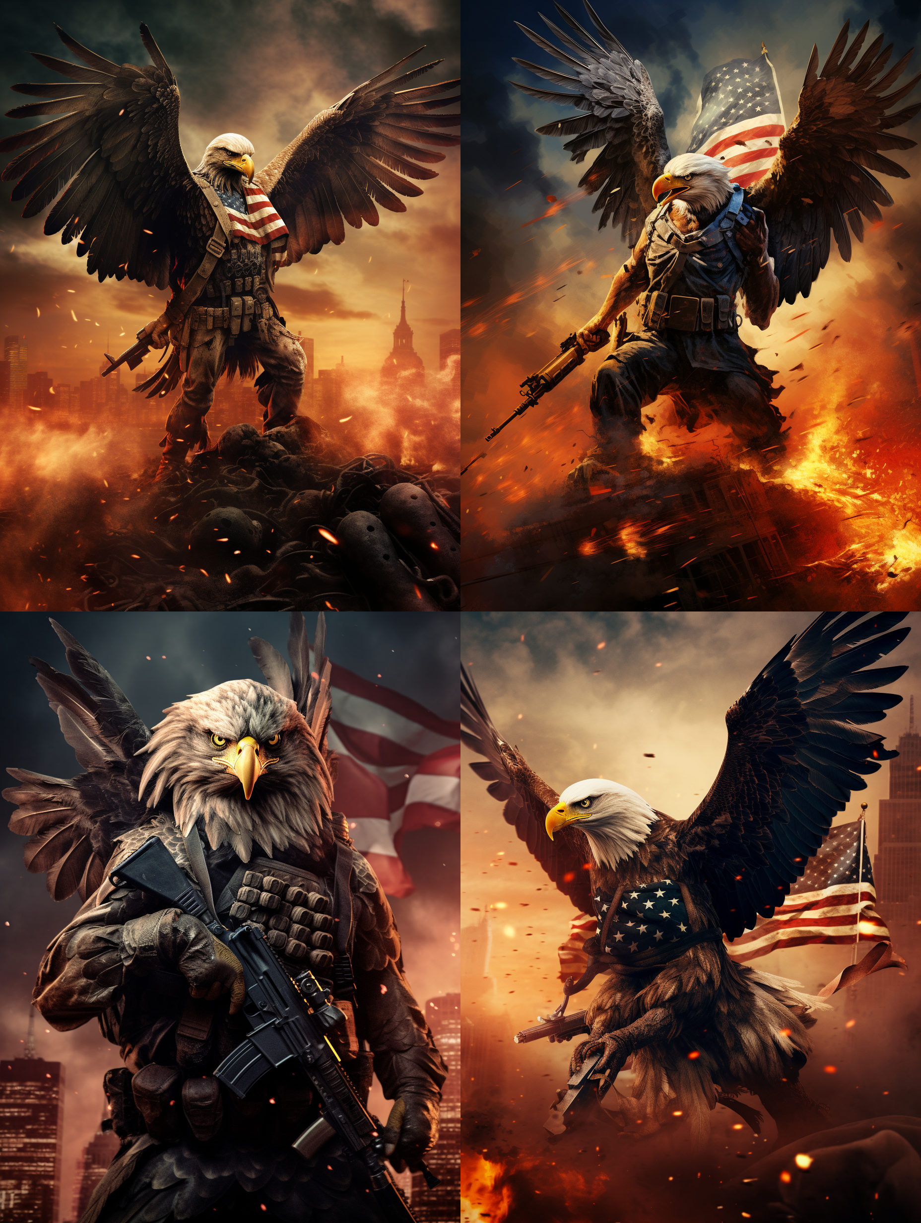 海军陆战队老鹰，身背重机枪，美国国旗的战袍，战火燃烧，子弹横飞，远处隐约看到自由女神，6k