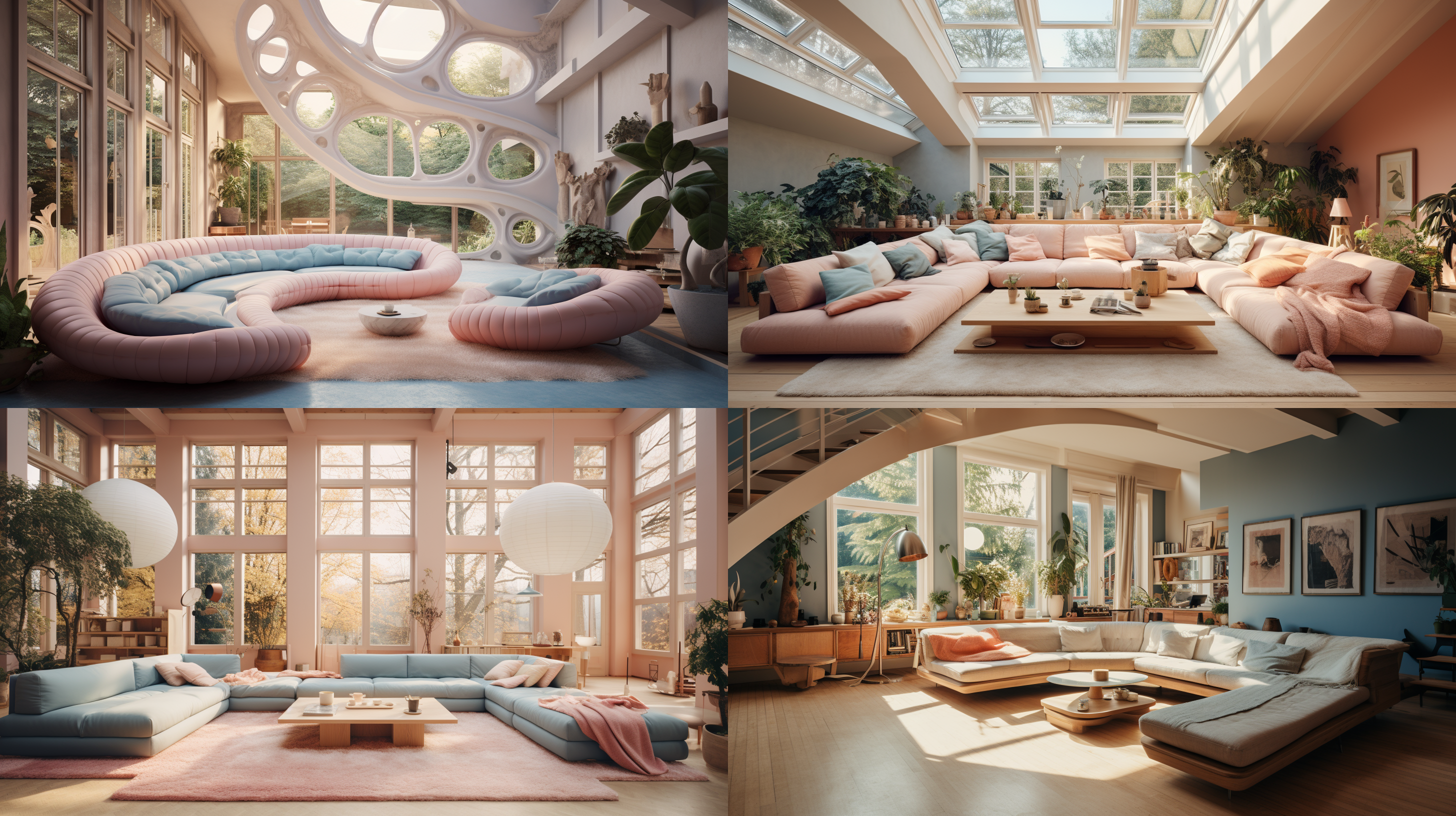 high resolution photography interior design, dreamy sunken living room conversation pit, wooden floor, small windows opening onto the garden, bauhaus furniture and decoration, high ceiling, beige blue salmon pastel palette, interior design magazine, cozy atmosphere; 8k, intricate detail, photorealistic, realistic light, wide angle, kinkfolk photography, a d architecture