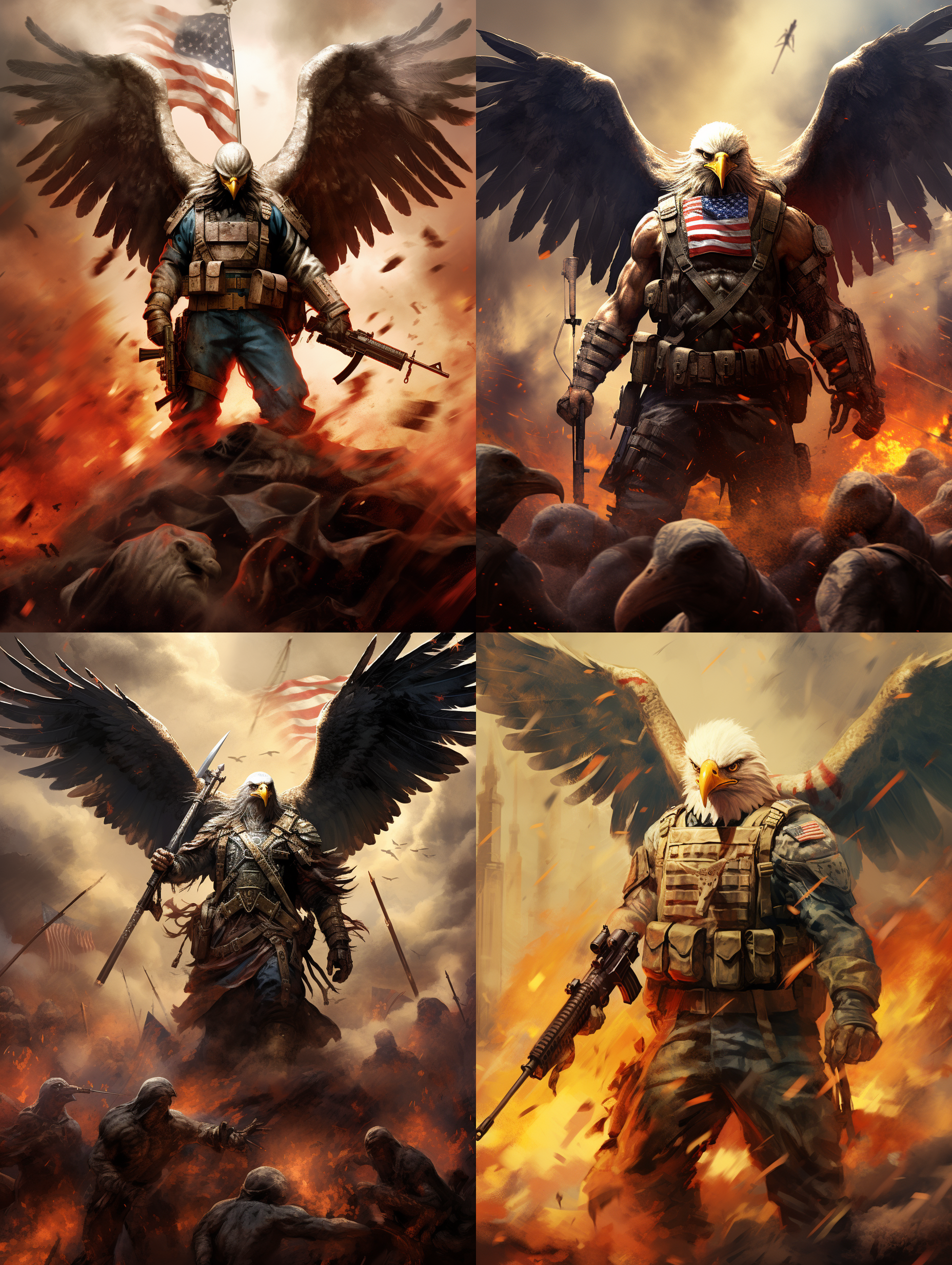 海军陆战队全副武装的老鹰队长，身背重机枪，美国国旗的战袍，身后几名全副武装的陆战队员，战火燃烧猛烈，子弹横飞，远处隐约看到自由女神雕像，6k