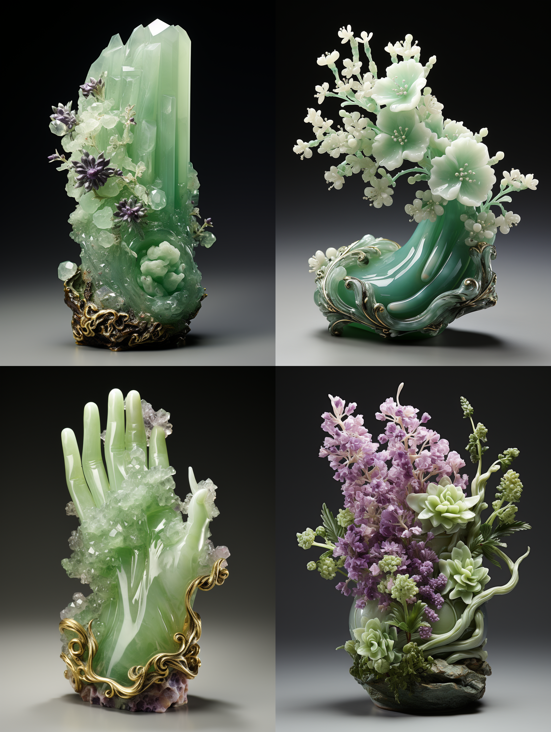 一只美女的玉手，手上做了以白色和紫色冰晶花为造型的美甲，