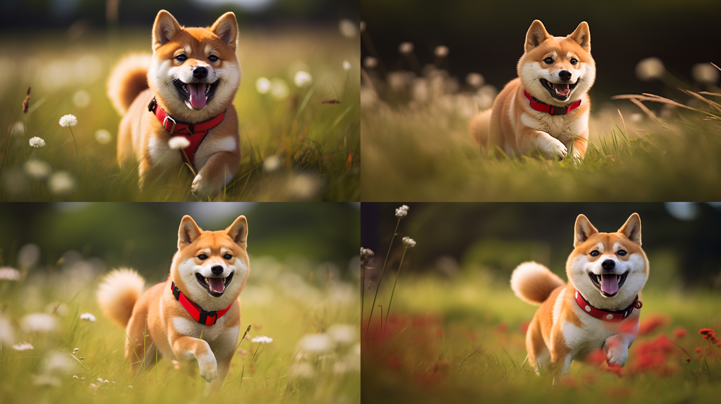 可爱的柴犬带着一个红色项圈 背景是日本草地 狗狗在草地上奔跑