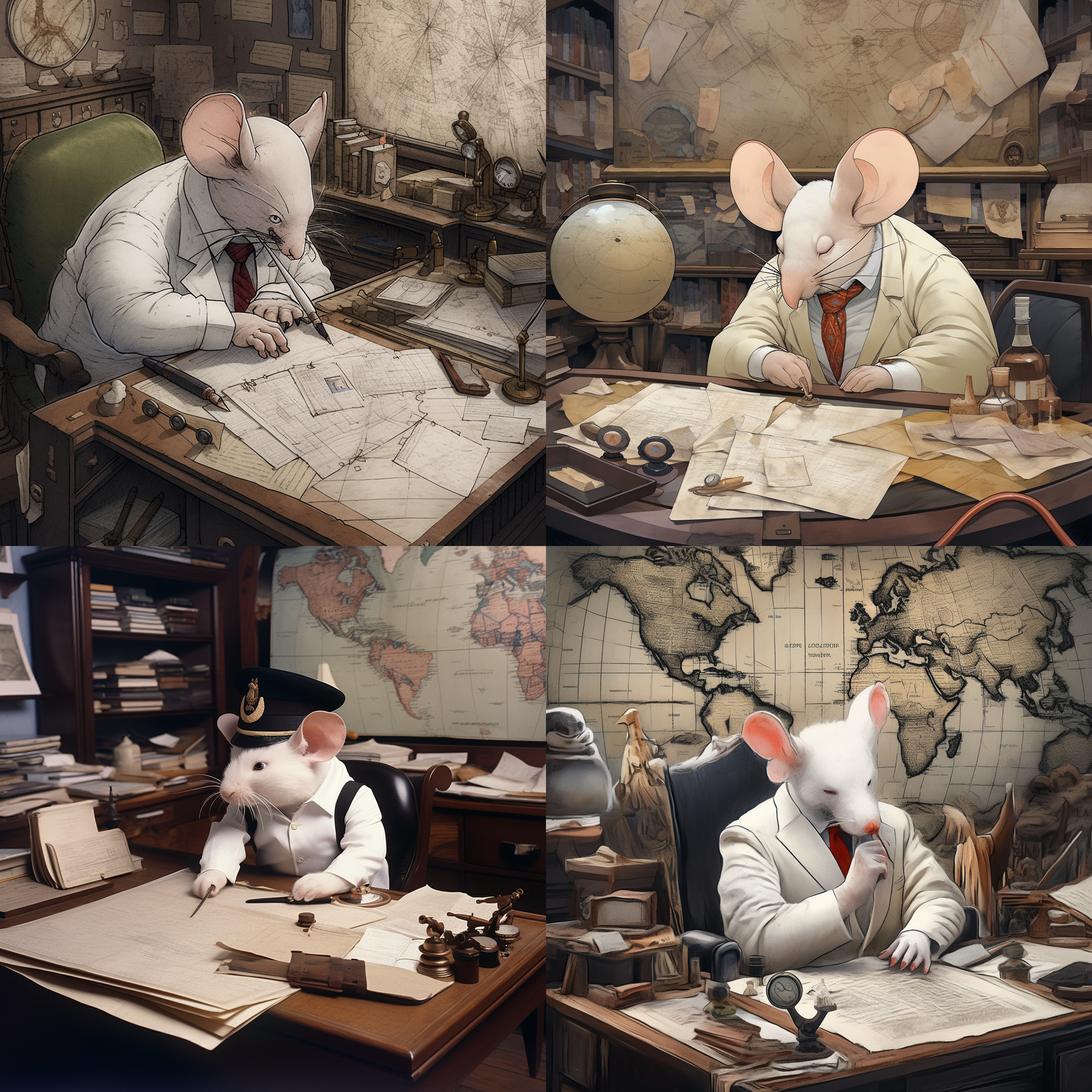 a white mouse with a strong winston churchill style sits in a spacious office with important documents and books, surrounded by various types of books on shelves. this mouse exudes an awe-inspiring and steady temperament, holding a smoking pipe while closely observing the maps and charts placed on its desk. it displays the firm, decisive and brave traits of churchill.