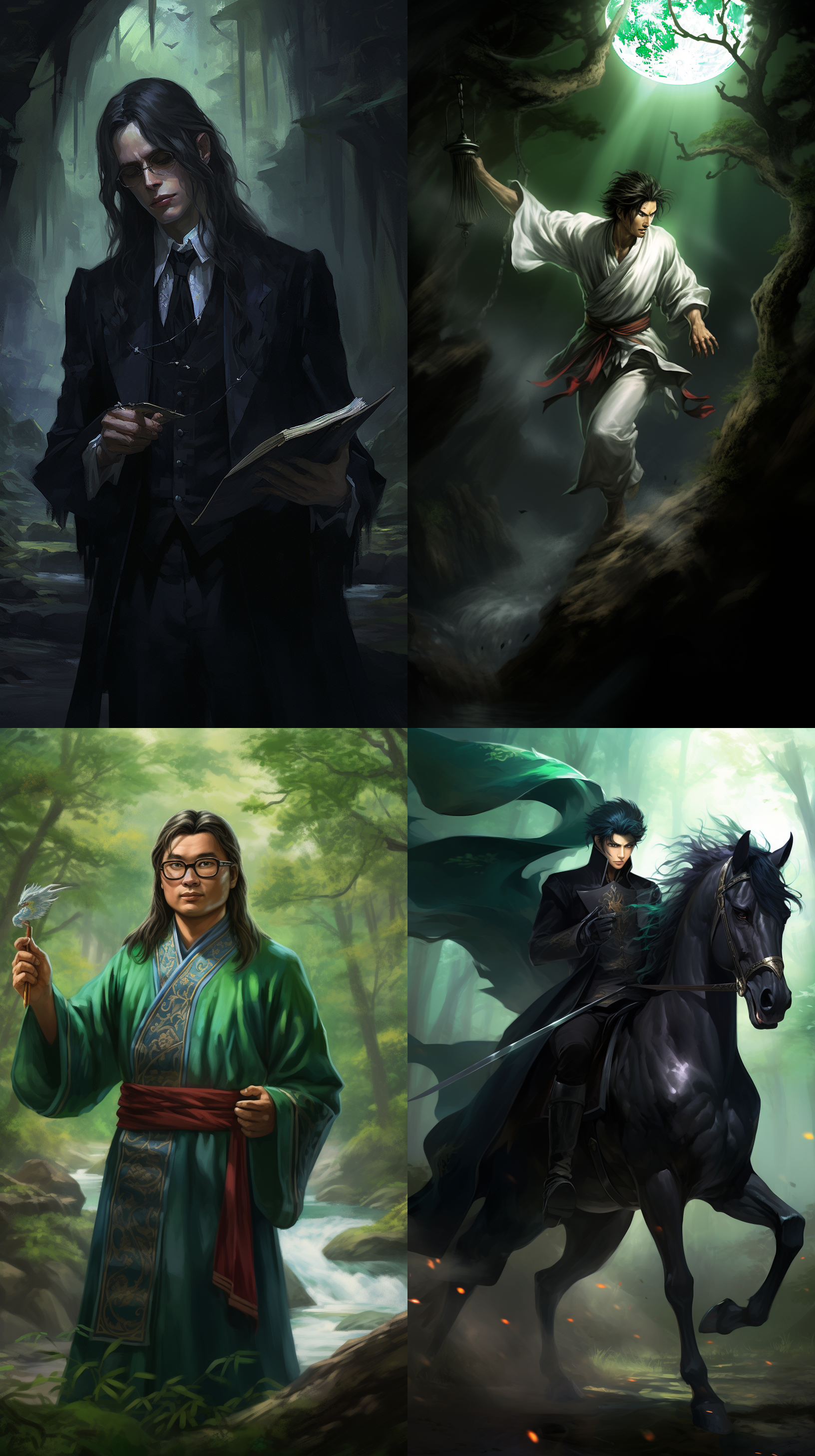 画一个年轻的中国男性，戴眼镜，黑色大波浪长发，穿深绿色19世纪风格长风衣，白色衬衫，黑色绒布马甲，黑色马裤和长筒马靴。他的手里拿着一块水晶，身处一个水晶矿洞中，山洞的表面都是水晶