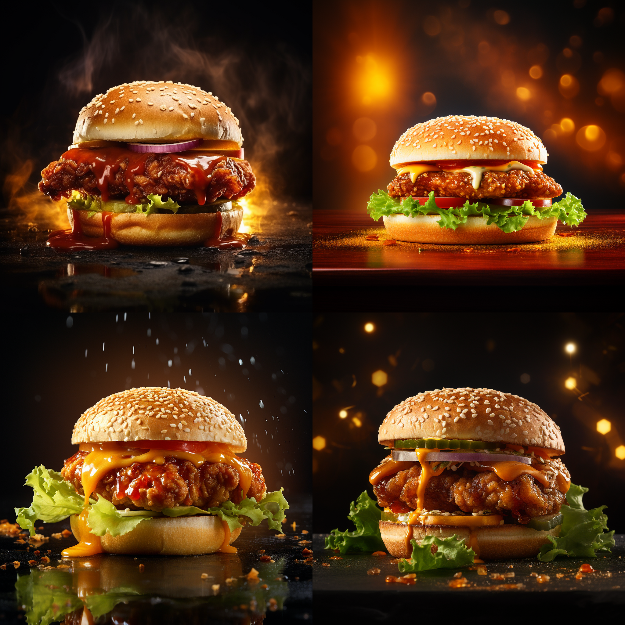 一个鸡腿汉堡包，金黄色，特别新鲜，高级感，电影级光照，产品摄影，真实，最佳画质，鲜艳的色彩