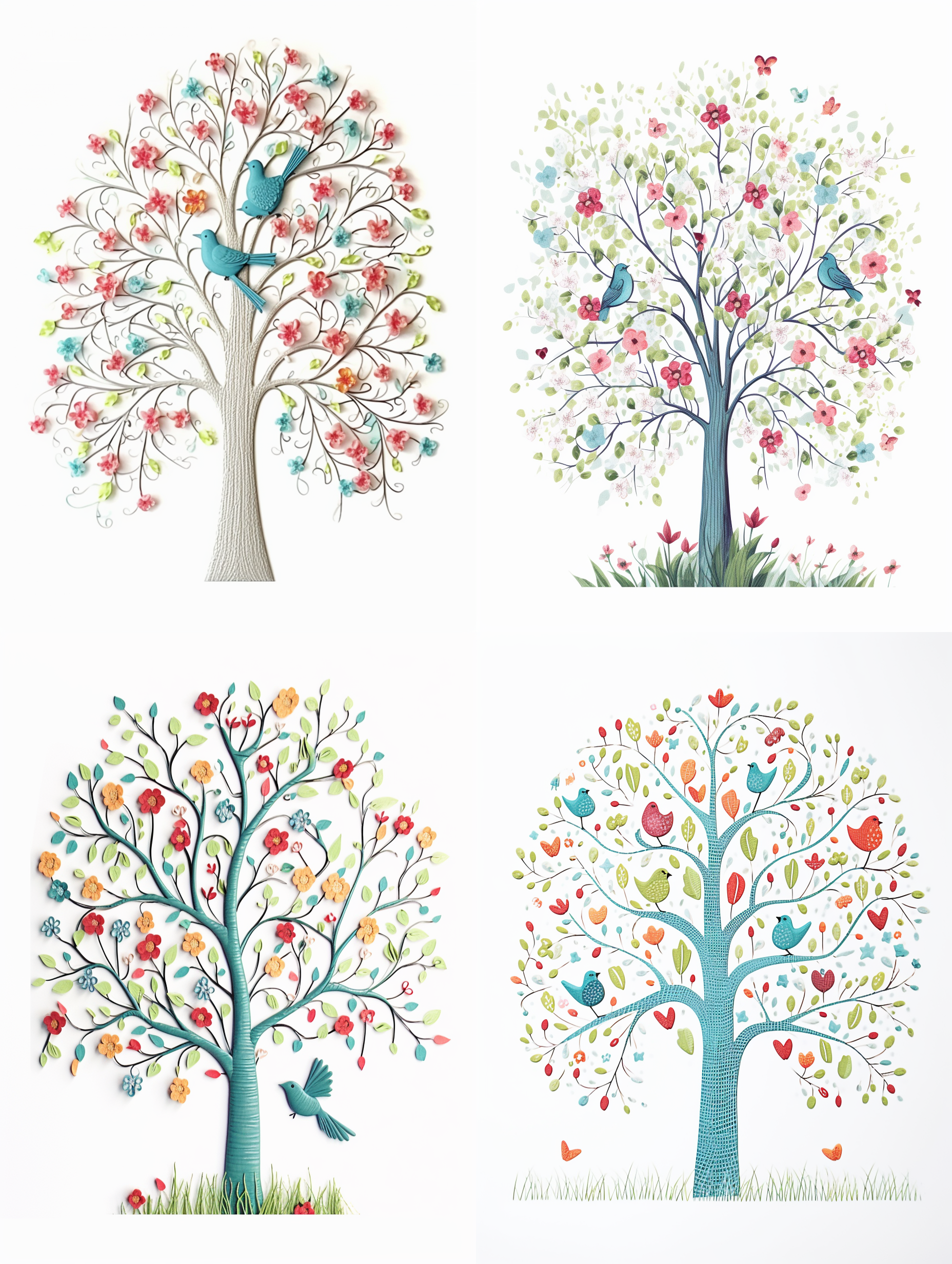 纯白色背景，正中间一棵小清新风格的，形状规则的树，彩铅，树上有叶子，小鸟和花朵，颜色淡雅
