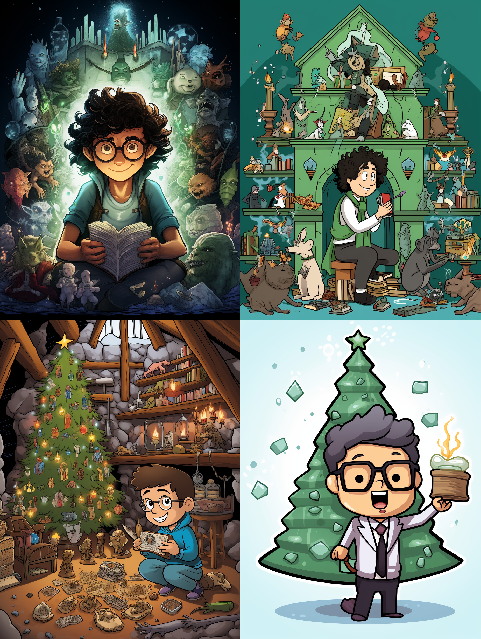 画一颗圣诞树，树的下面堆满了水晶、矿物晶体和各种古生物和化石，圣诞树在一个屋子里的壁炉旁，壁炉前坐着一个中国年轻男子，长卷发，穿绿色的长风衣，戴眼镜，手里拿着一块水晶