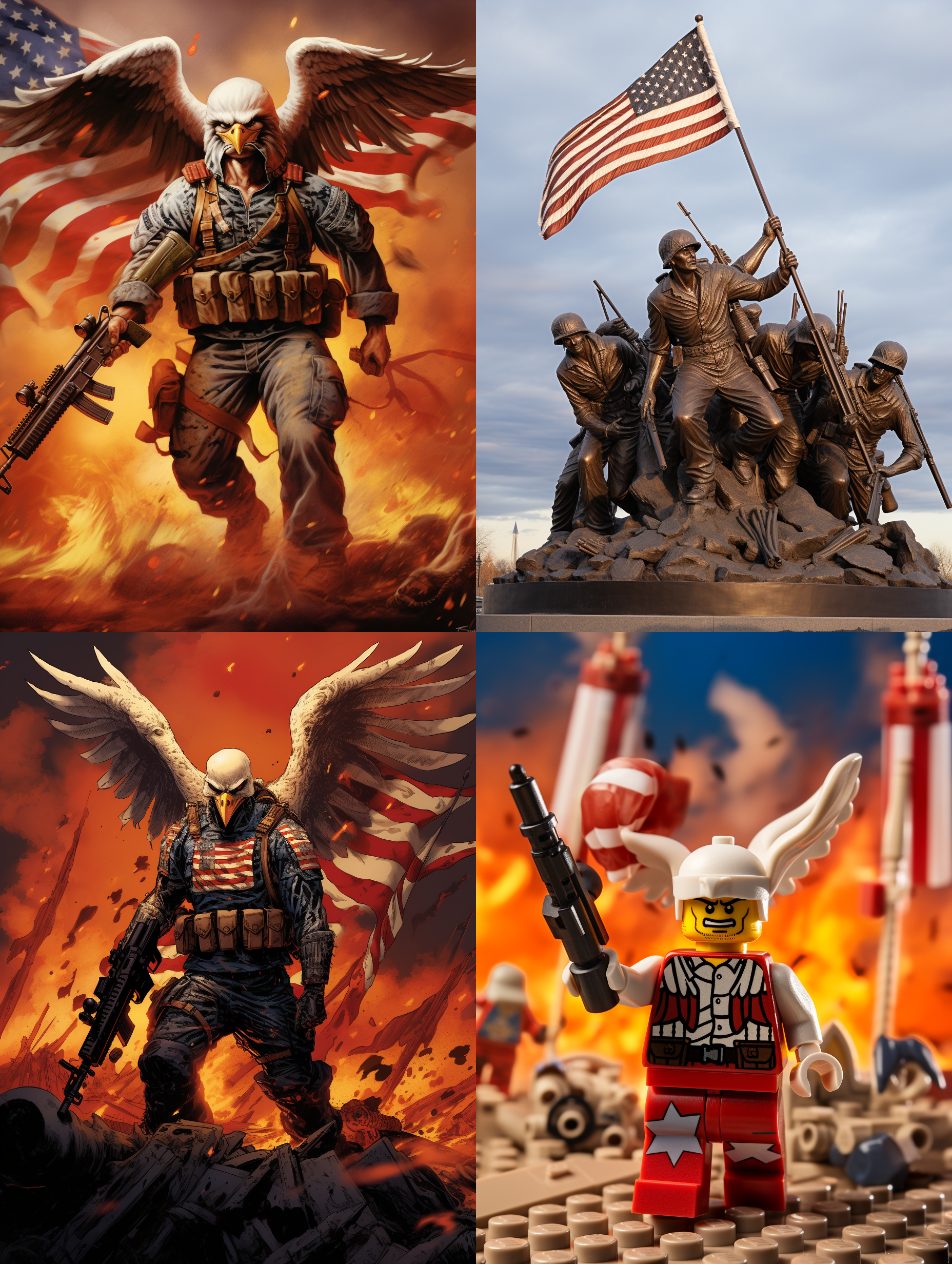 海军陆战队全副武装的老鹰队长，身背重机枪，美国国旗的战袍，前面有一面飘扬的美国国旗，身后几名全副武装的美国大兵，战火燃烧猛烈，子弹横飞，远处隐约看到自由女神雕像，6k