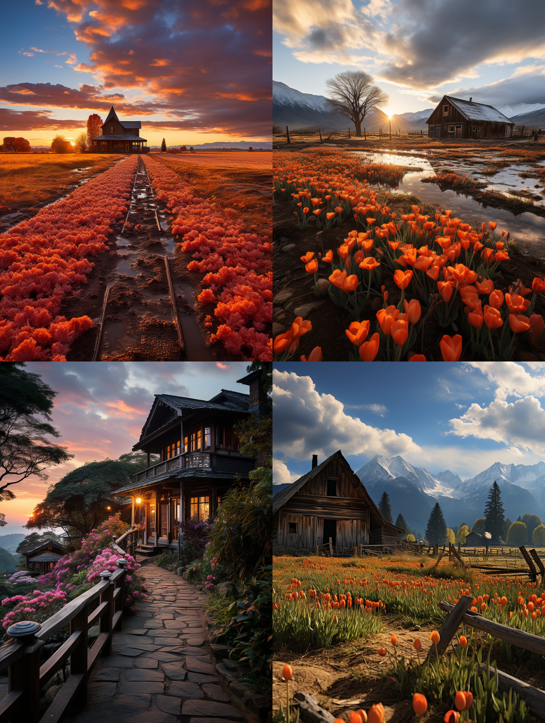 在乡间一处木屋的前，长着一片紫色的郁金香花，老榕树，远处的山林和远山，木板的小桥，鹅卵石的小路，细水潺潺的小溪，天空火烧云的红色晚霞，阳光的余辉依然灿烂！顶级的专业风光摄影效果，顶级的摄影作品画质和清晰 度，非常唯美，色彩丰富细腻，画面细节丰富！8k超高清晰度，大文件