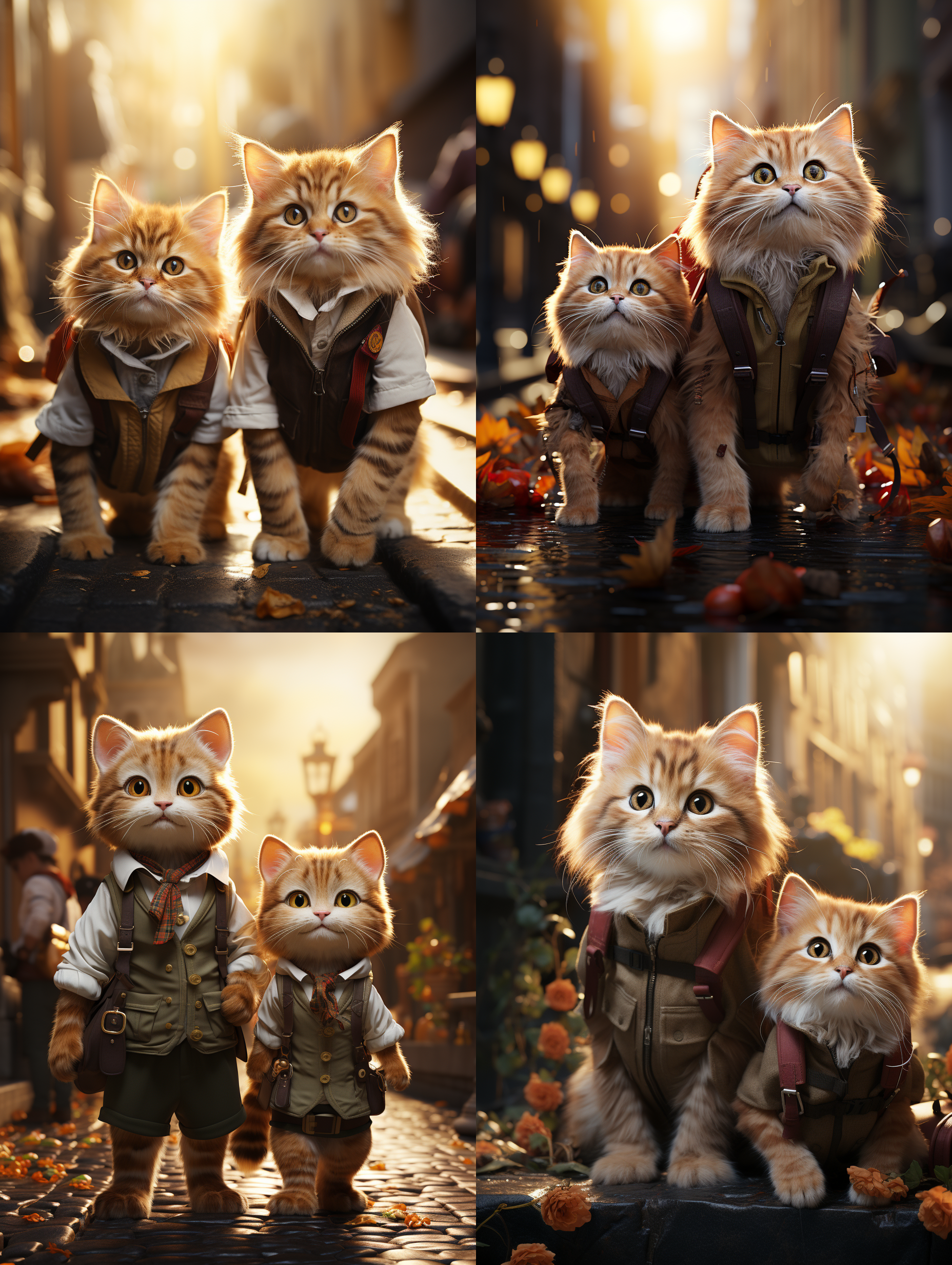 两只猫咪身穿校服，情侣样貌，微笑，背包，相互挽着胳膊，背景为学校。阳光洒落在他们身上，创造出温暖的氛围。使用电影镜头构图，明亮的光线增强画面效果。 