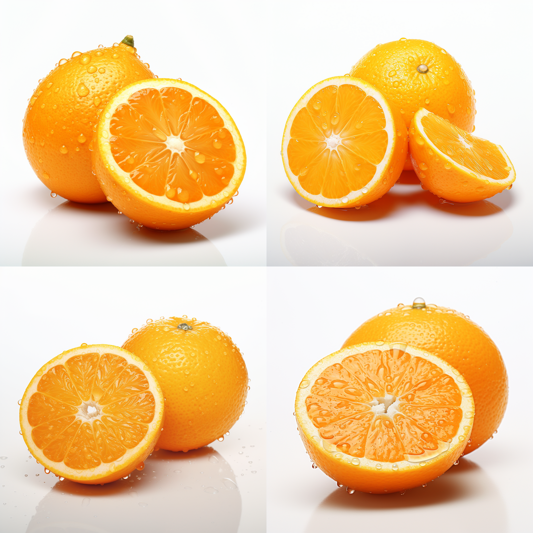 两个橙子，切开的半个橙子，水滴，超真实，8k,中幅相机，白色背景，