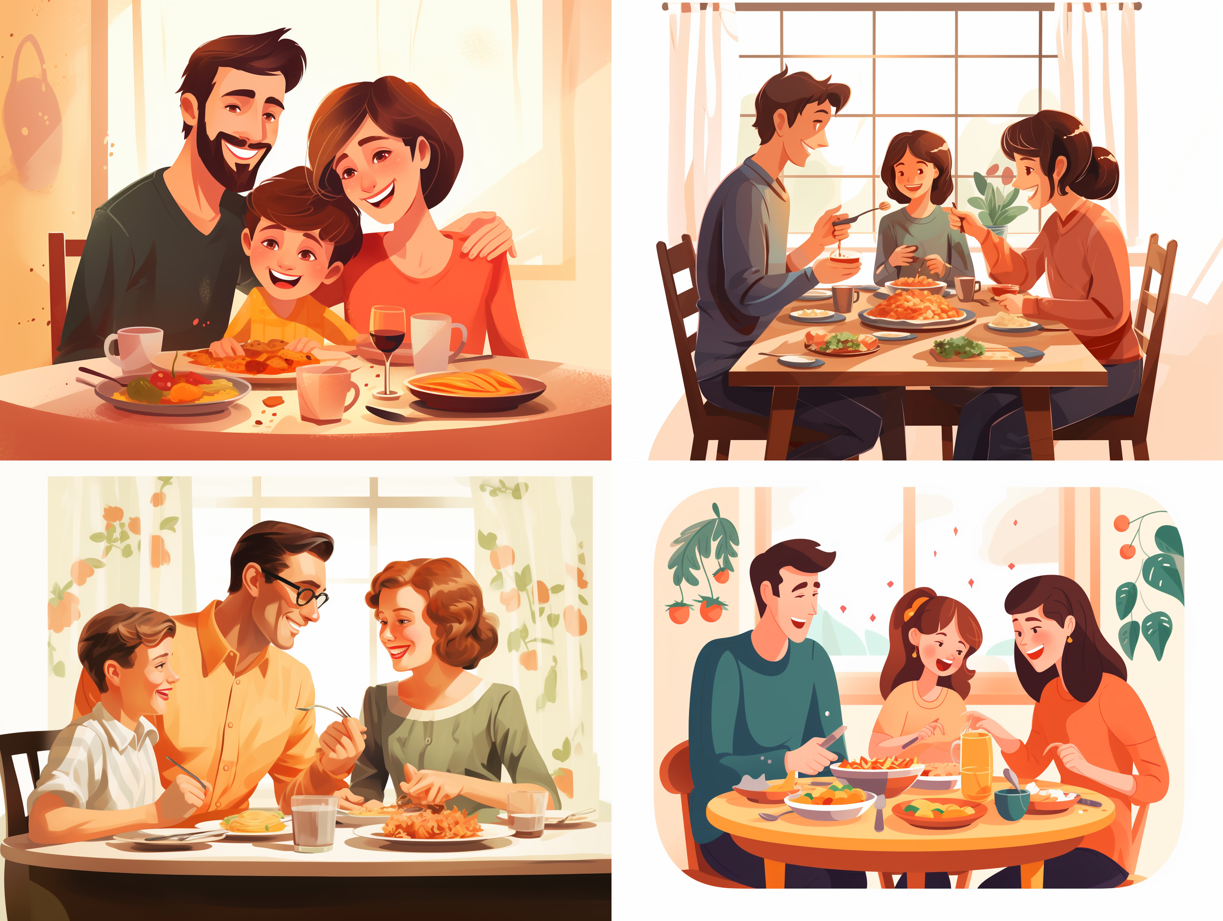 一家人开心的坐在一起吃饭，简笔画，矢量高清插图，白色背景，等构。