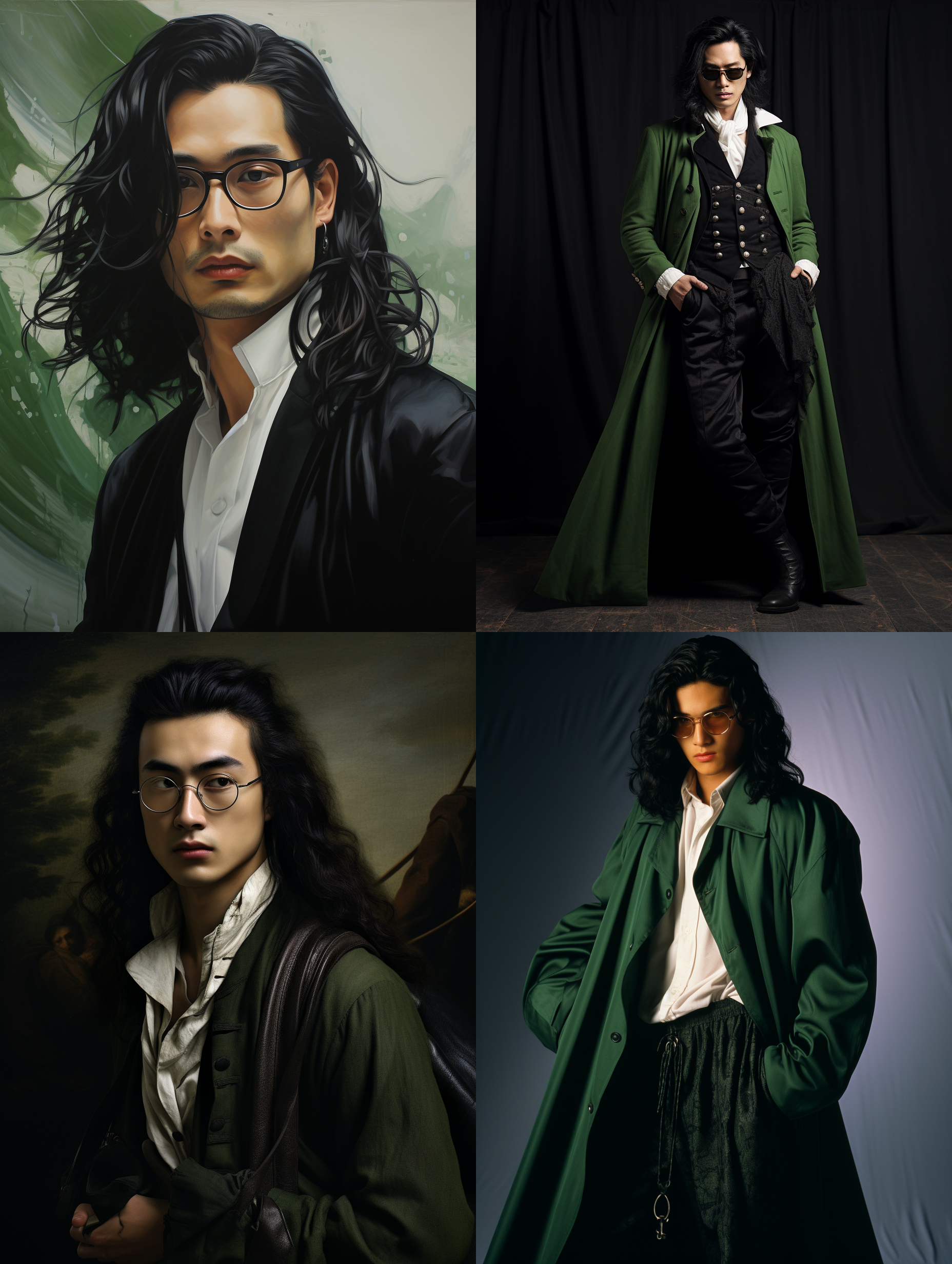 enerate an image of a young man of chinese descent, adorned with glasses and having very long, wavy black hair， round faced. his attire is styled in the fashion of the early 20th century. he is draped in a deep green long trench coat over a crisp white shirt and black velvet vest, paired with black riding pants and long riding boots. he is holding a crystal in his hand. the man is standing in a stunning cave, the entirety of which glistens with numerous crystals.