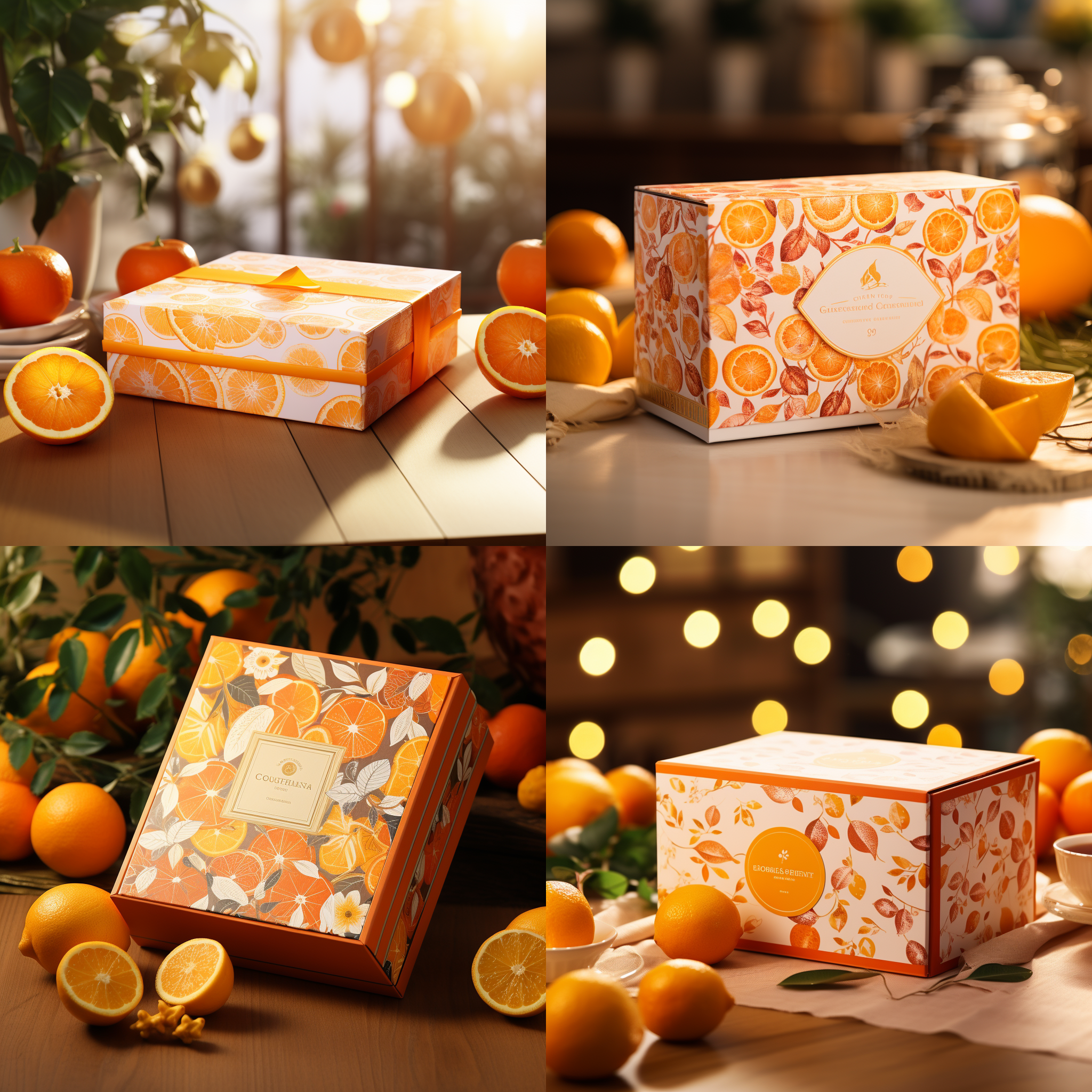 一款橙子礼盒，有诱人的橙子图案，盒子主色是橙红和白色，放在一款木质的台面上，暖光照射到盒盖上面，旁边有散落的橙子，高清晰，具有同类包装盒风格差异化，利于市场销售