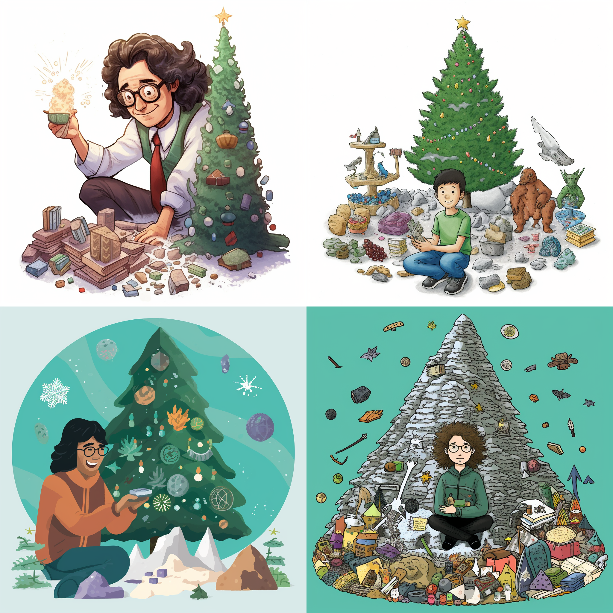 画一颗圣诞树，树的下面堆满了水晶、矿物晶体和各种古生物和化石，圣诞树在一个屋子里的壁炉旁，壁炉前坐着一个中国年轻男子，长卷发，穿绿色的长风衣，戴眼镜，手里拿着一块水晶