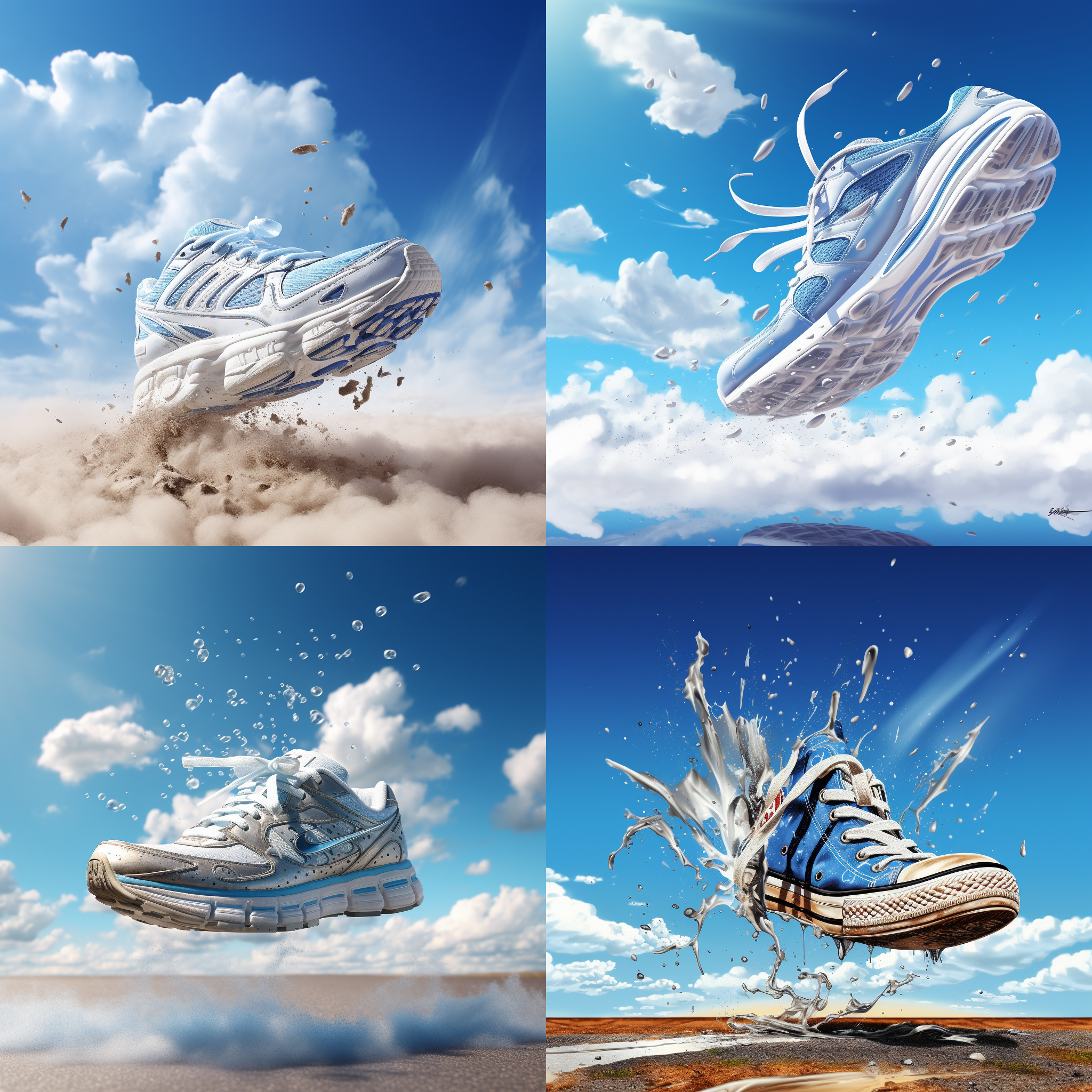 一只长途跋涉的鞋子，健康，充满运动气息，飞溅的尘土蓝天白云