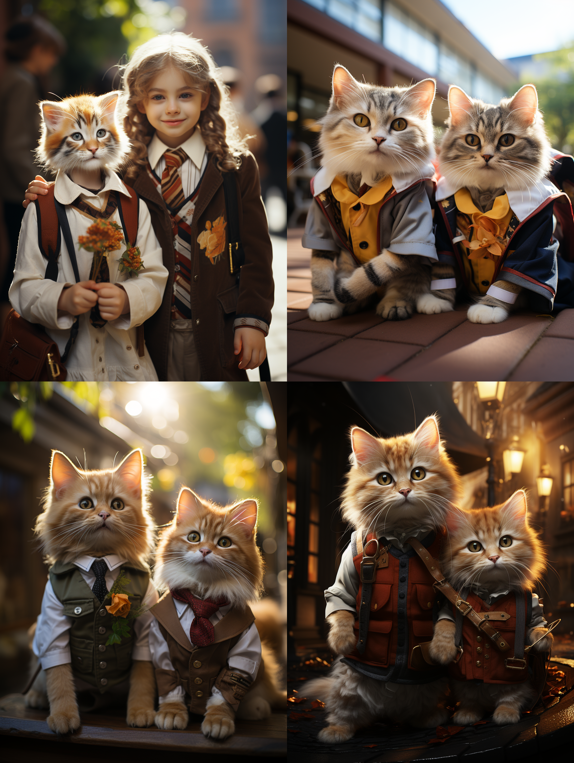 两只猫咪身穿中式校服，拟人化，情侣样貌，微笑，背包，相互挽着胳膊，背景为学校。阳光洒落在他们身上，创造出温暖的氛围。使用电影镜头构图，明亮的光线增强画面效果。 