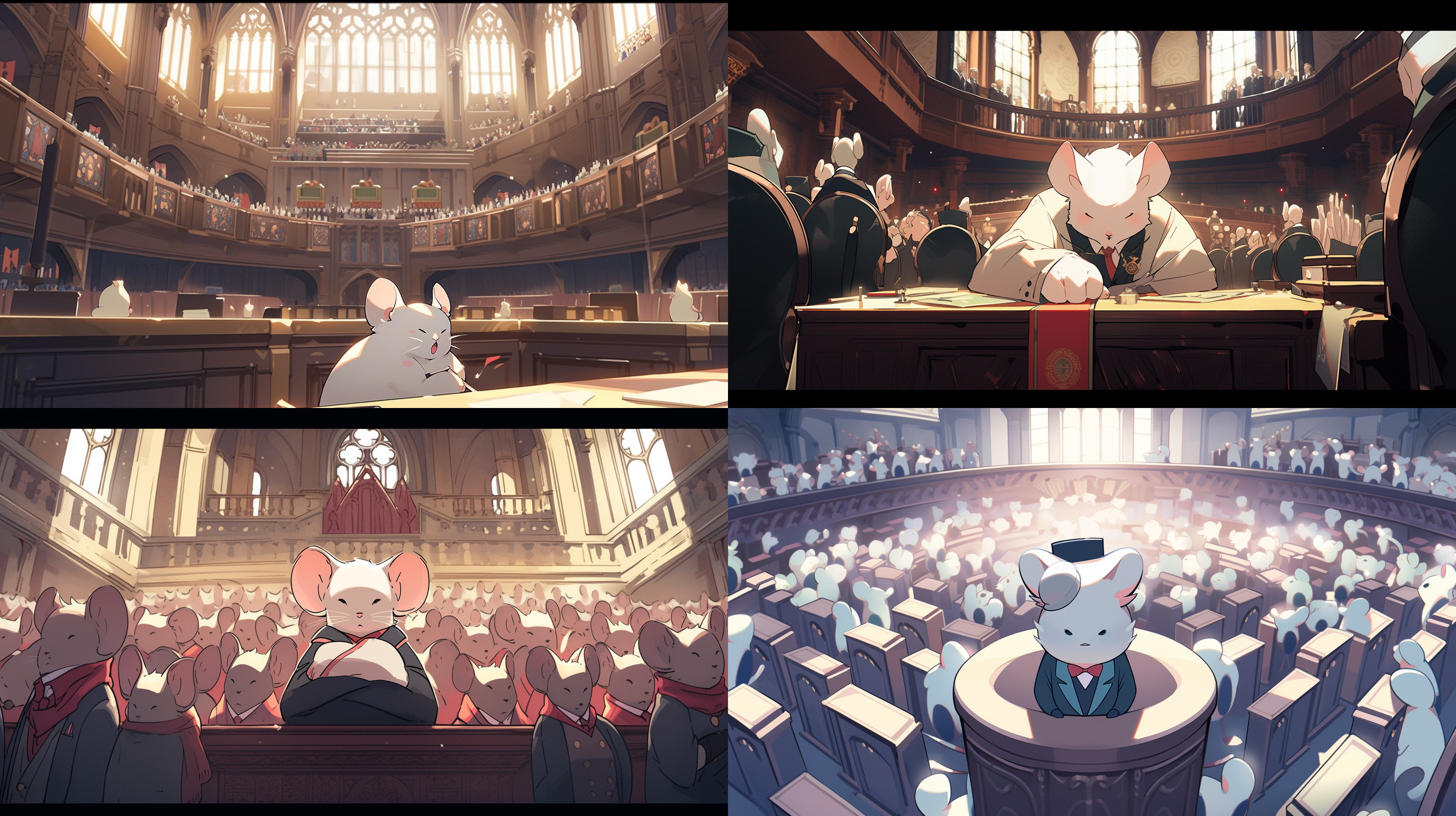 a white mouse with a strong winston churchill style sits in the setting of the british parliament, facing other members of parliament.