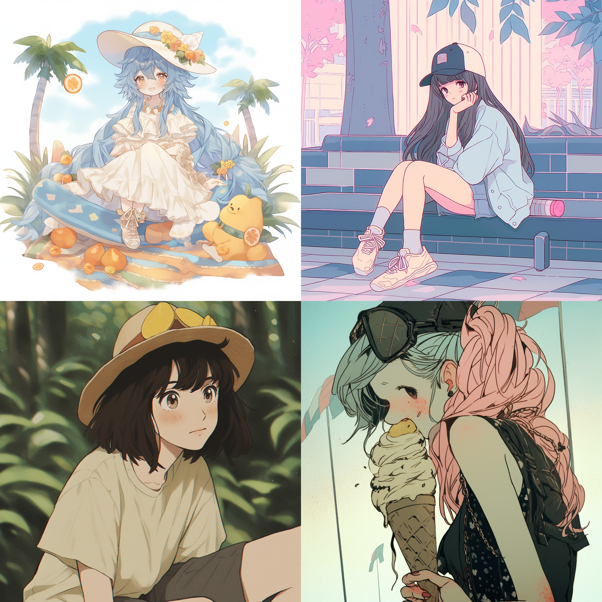 百香果，菠萝，夏天，甜筒冰淇淋，少女，滑板，场景，色彩亮丽