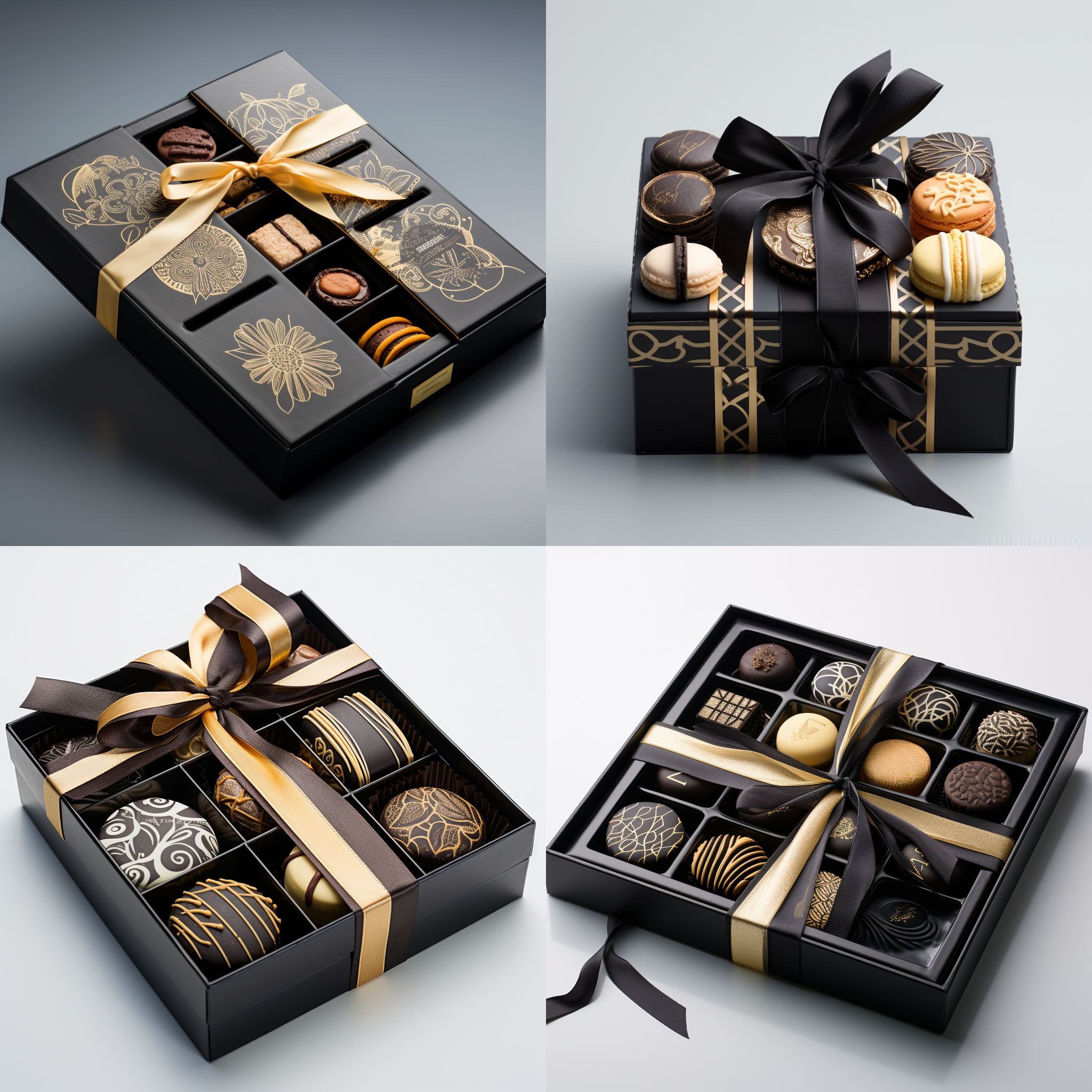 一款糕点食品礼盒，黑色和金色相结合，有厚重的文化感，注重细节设计，与同类礼盒具有明显差异化，适合节日送礼使用，白色背景
