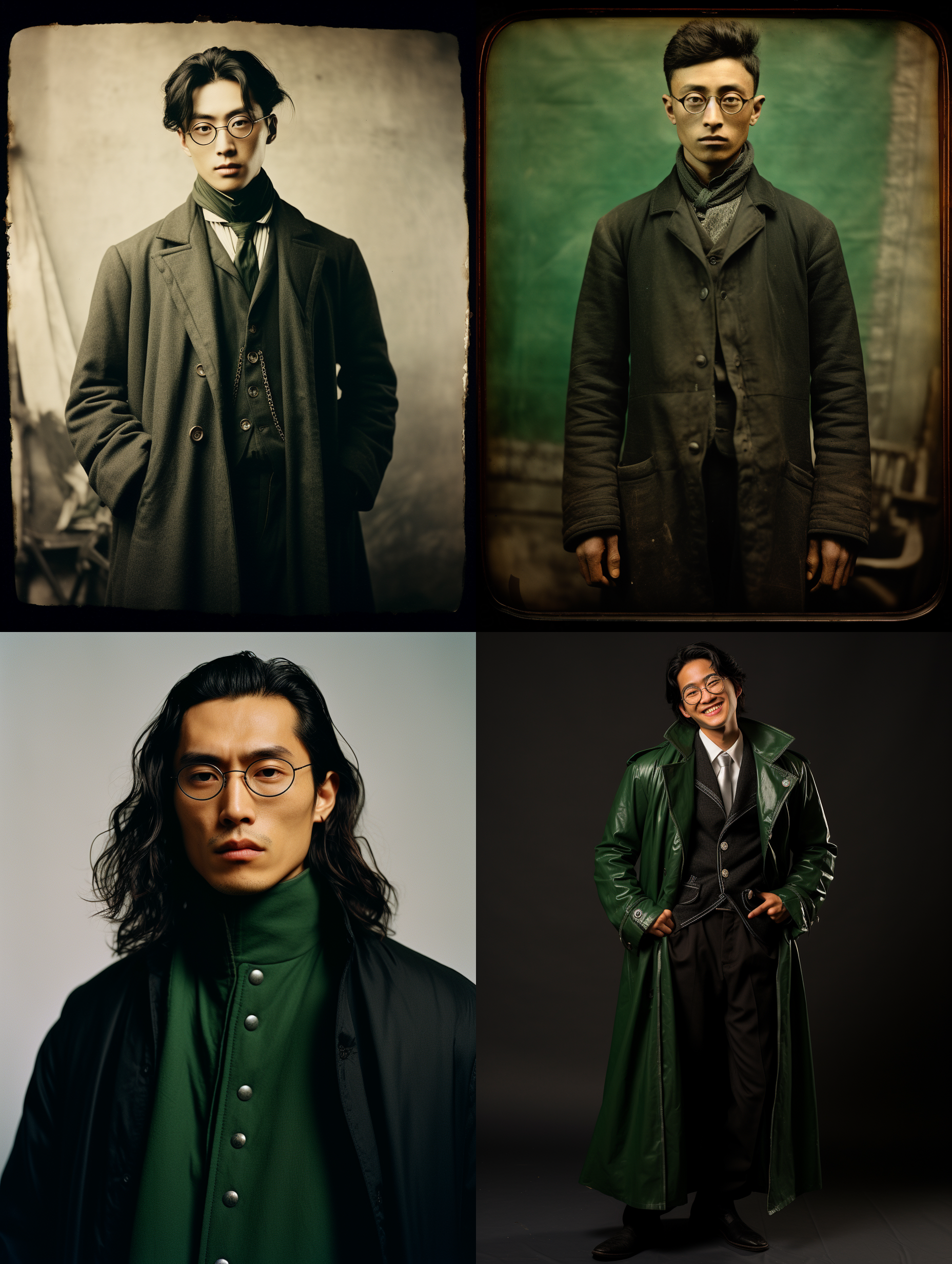 enerate an image of a young man of chinese descent, adorned with glasses and having quite long, wavy black hair，little round faced. his attire is styled in the fashion of the early 20th century. he is draped in a deep green long trench coat over a crisp white shirt and black velvet vest, paired with black riding pants and long riding boots. he is holding a crystal in his hand. the man is standing in a stunning cave, the entirety of which glistens with numerous crystals.