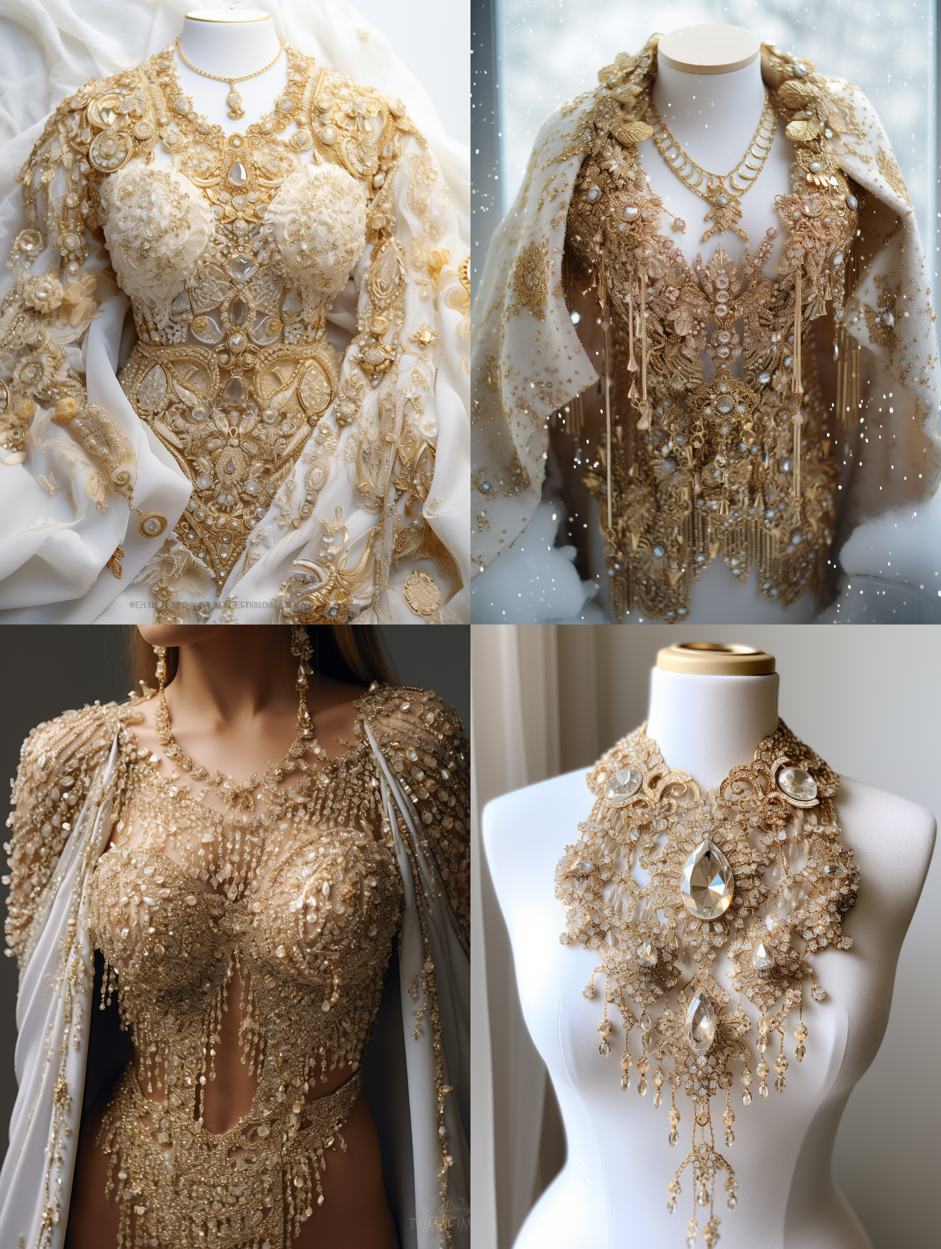 一件衣服，大量珠宝。钻石，黄金做成的金黄金黄的衣服，非常华丽。白色底