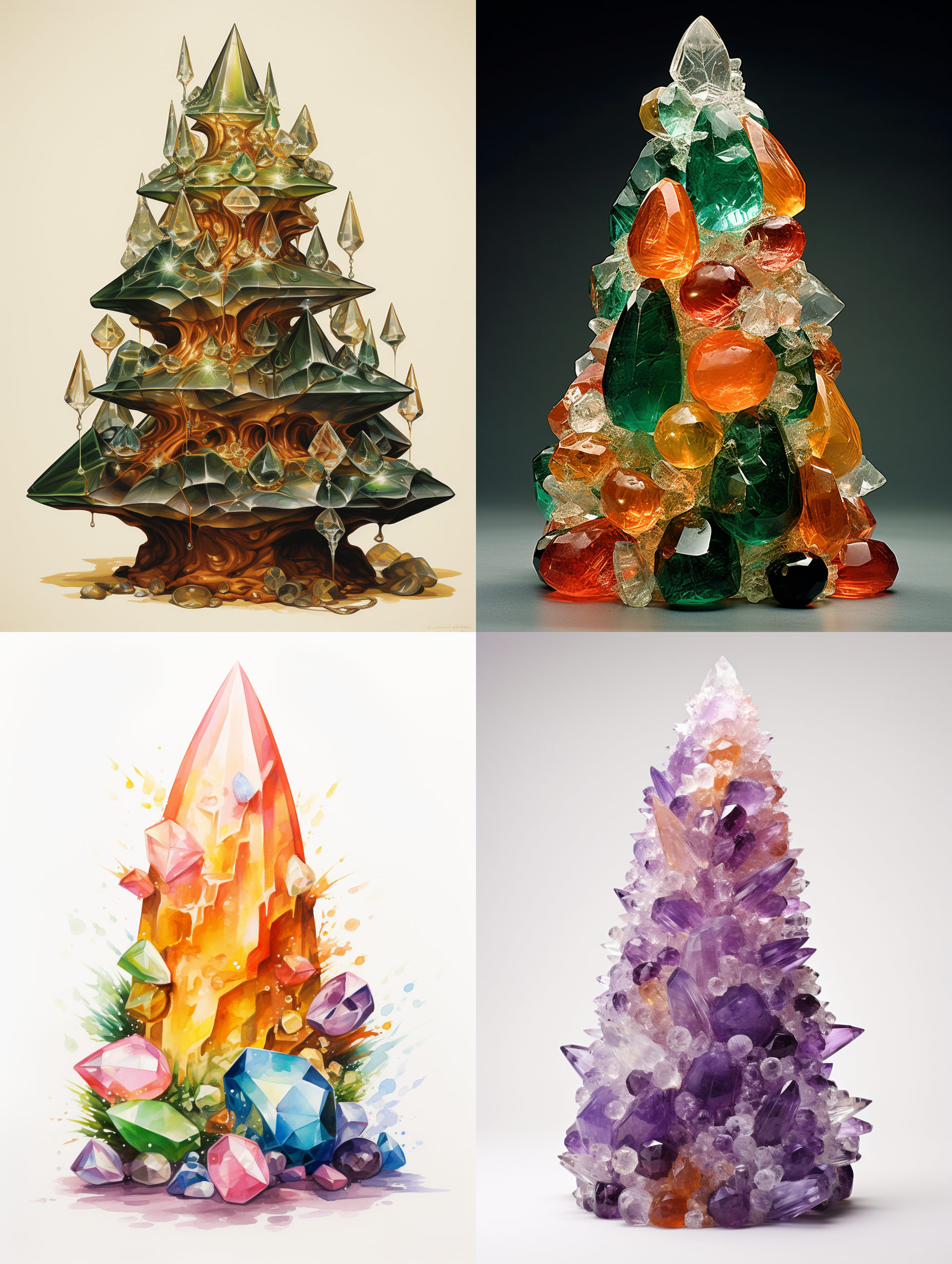 画一个圣诞树底下堆满了水晶、矿物晶体