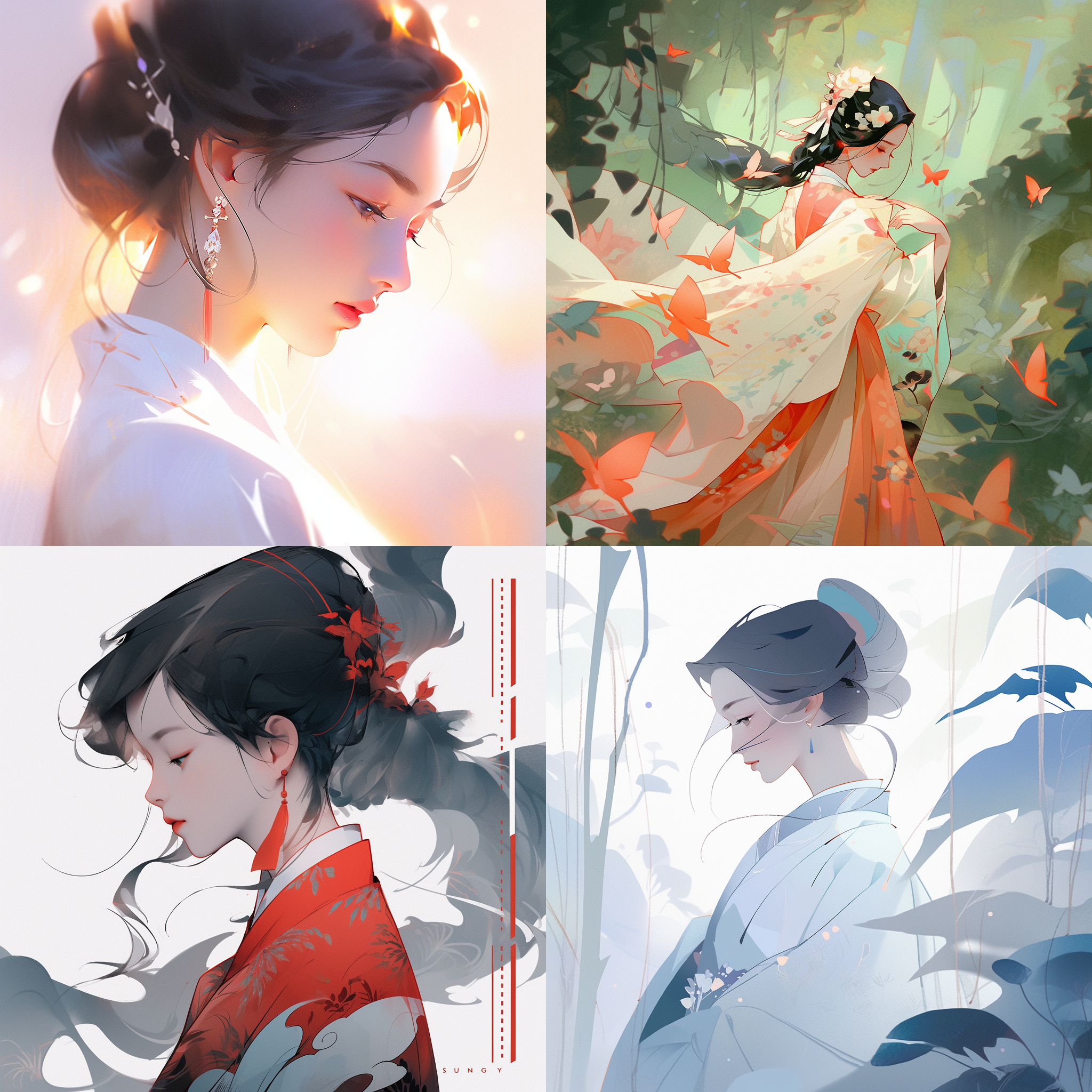 一个中国女人，半身，中国风景，抽象绘画，禅宗，艾米·索尔风格，光抽象封面艺术的，简单矢量艺术，当代中国艺术，颜色渐变，柔和的调色板保存形式，异想天开的动画，风格空灵抽象。 