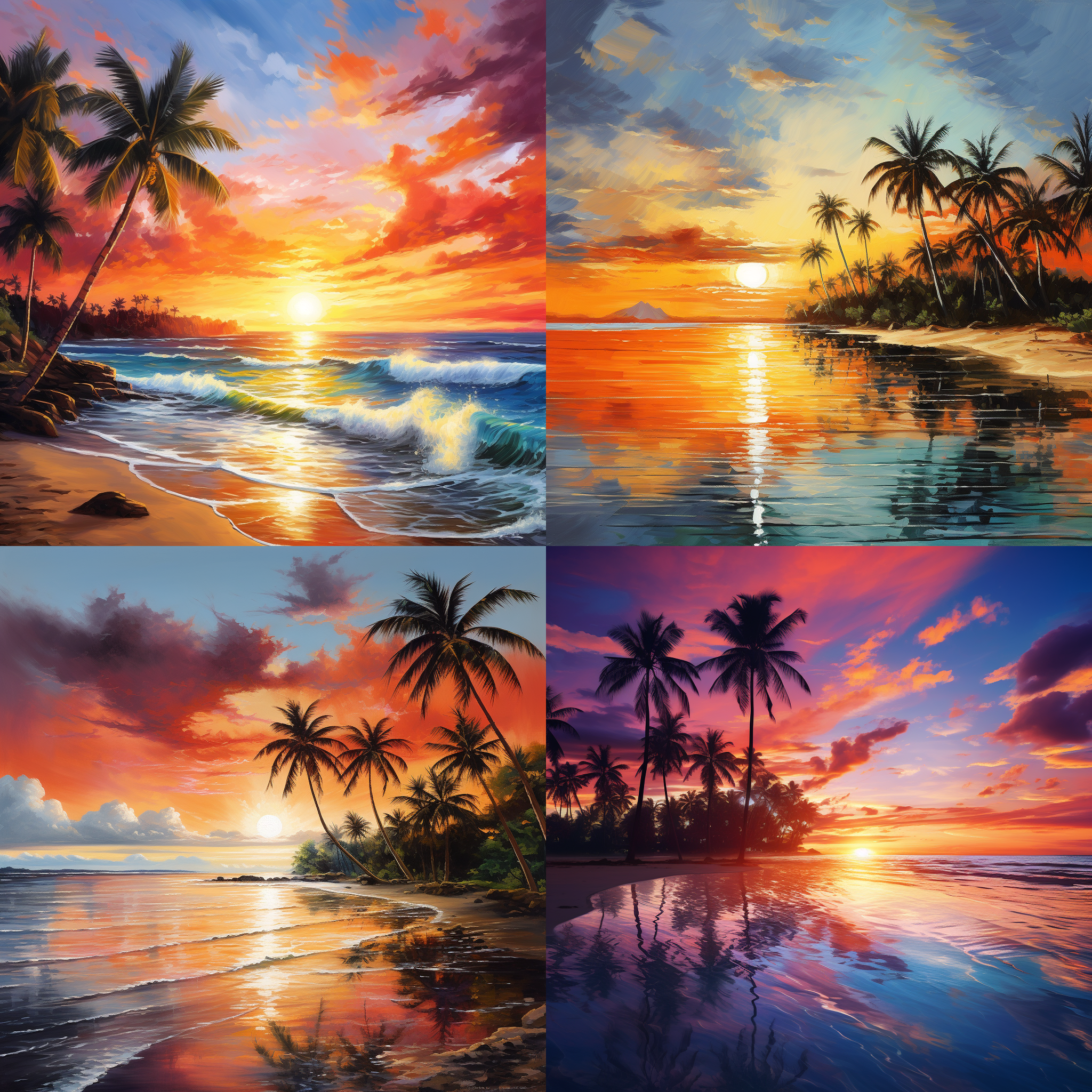 生成明亮宏大颜色，蓝天白云，银白色沙滩，橙红夕阳，椰子树，橙色的太阳照耀天空，椰子树