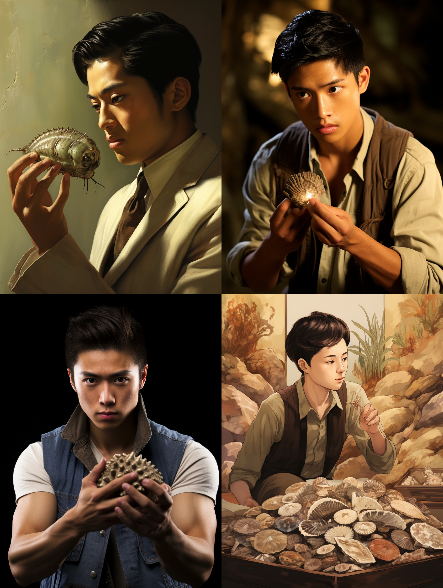 create an image of a young and handsome east asian man with neat black hair parted to one side. he is wearing a khaki-striped shirt and a brown suede waistcoat. he is carefully examining a trilobite fossil held in his hand, and his eyes display intense curiosity and focus. he is located in a place made to resemble a paleontological museum, which is filled with various old fossils and historical artifacts. the design and layout of the room exude a sense of aged elegance and antiquity.