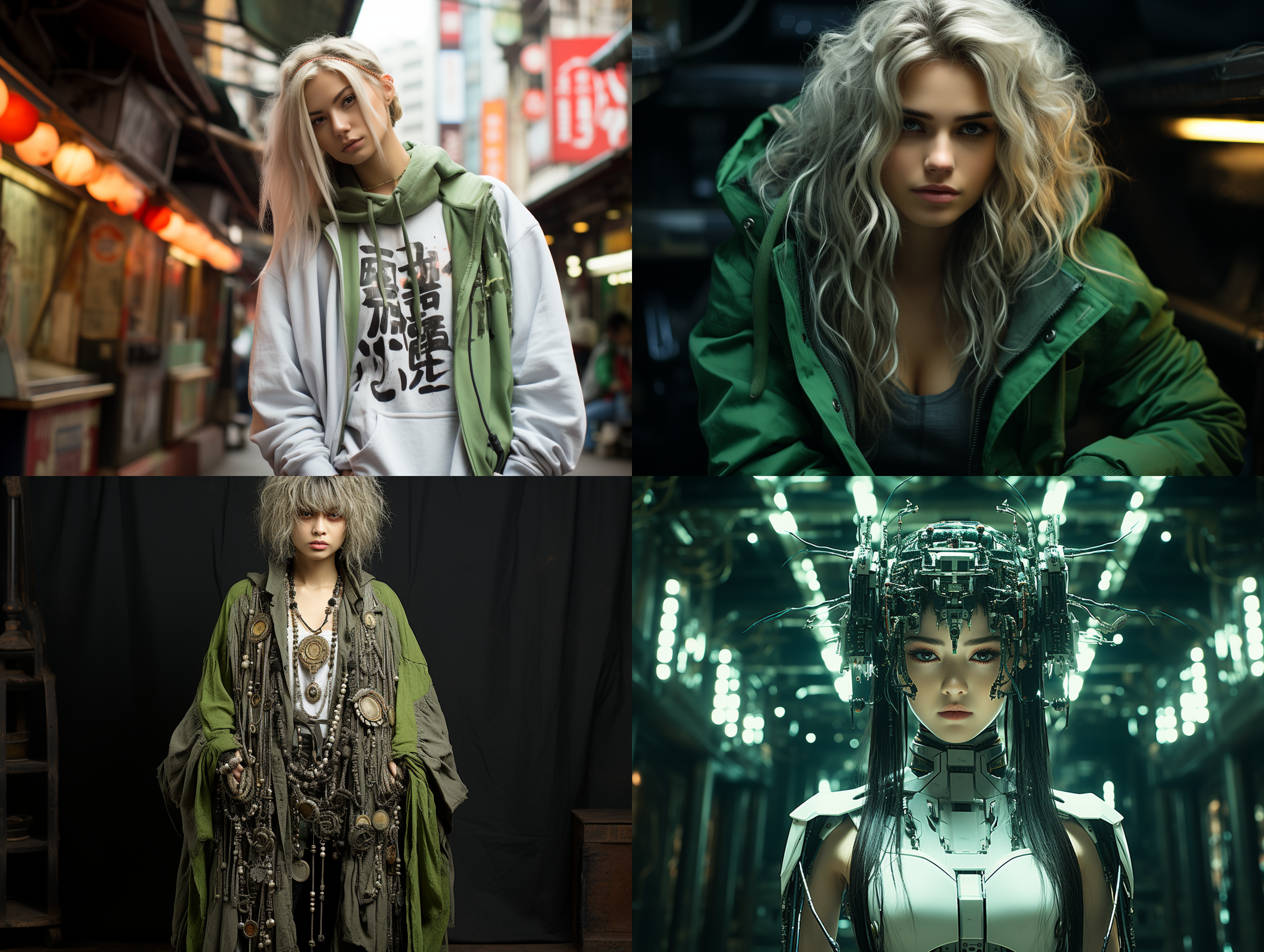 手办，绿色头发的酷女孩，全身，赛博朋克，中式古风格