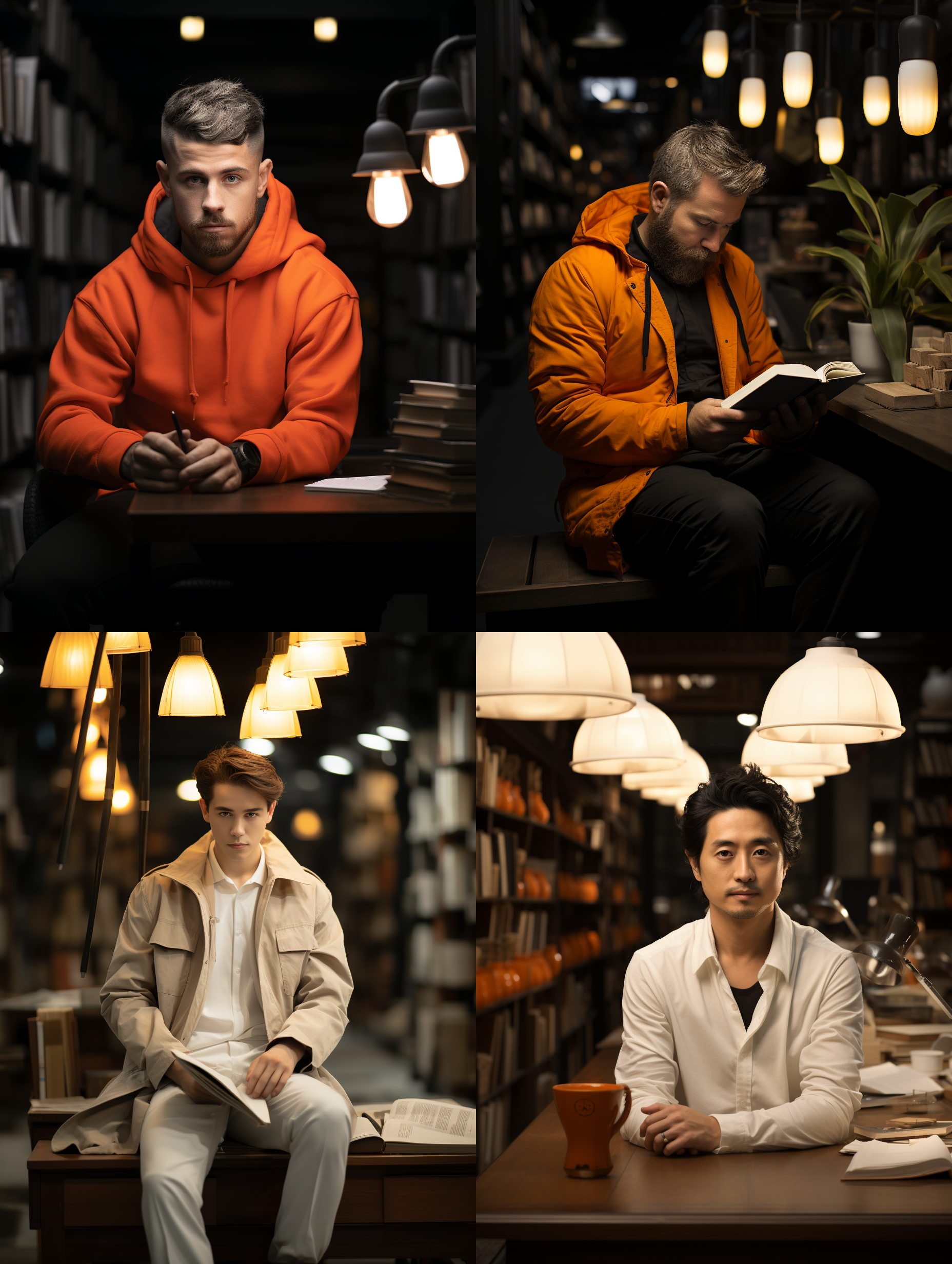 将参考图中男士合成到桔香书屋的办公桌前在看书学习，书柜书架，老式白色布艺沙发，台灯，光线柔和，从窗户外射进来的光束，超写真专业，顶级的专业摄影布光打光的效果，顶级的画质和清晰度，8k清晰度，大文件