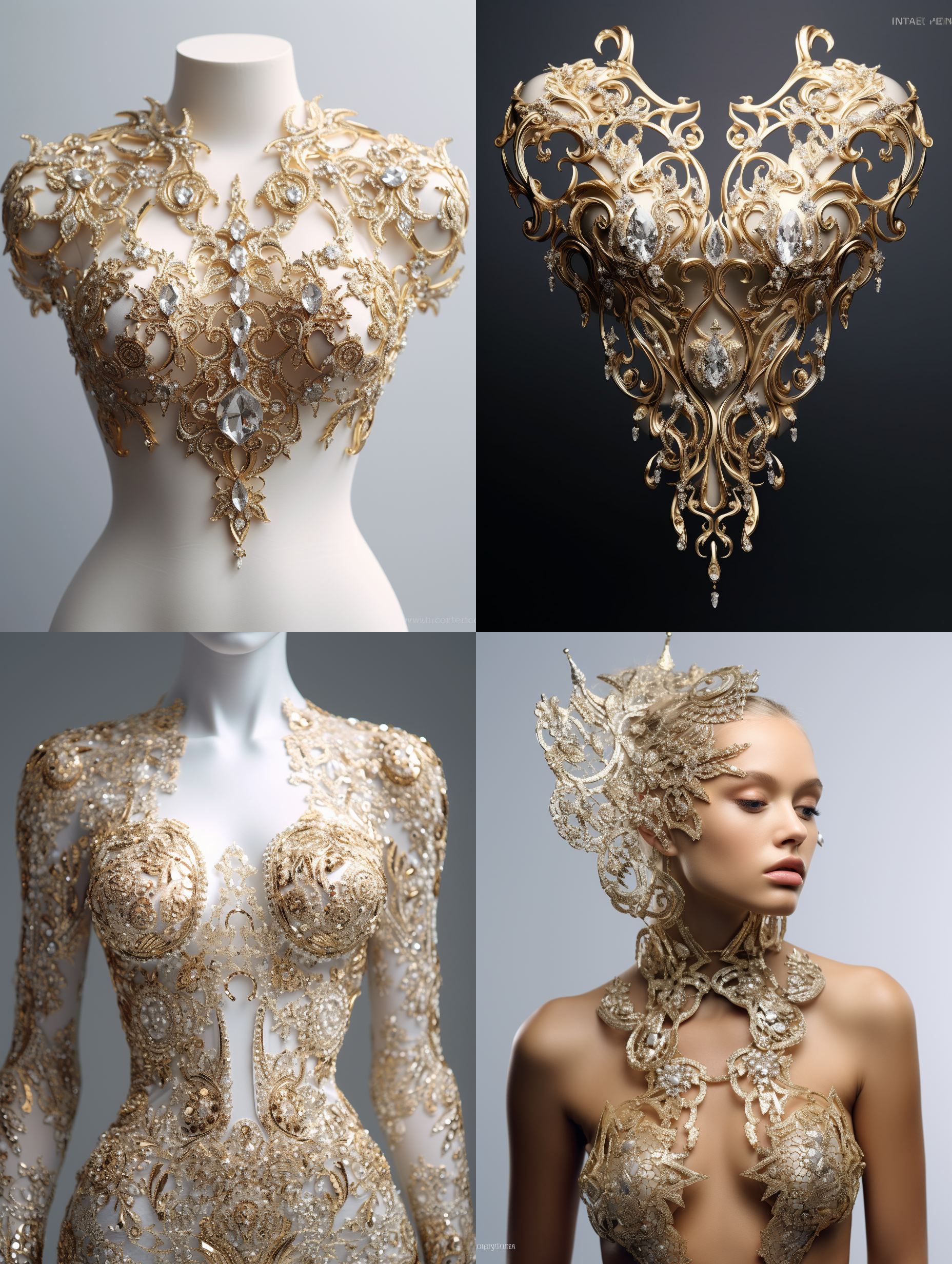 一件全部是珠宝。钻石，黄金做成的衣服，非常华丽。白色底