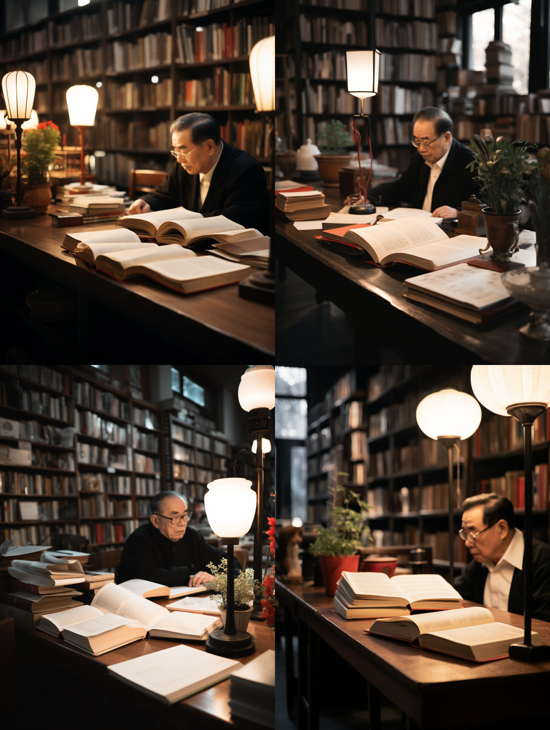 一位50多岁的中年高级领导坐在桔香书屋的办公桌前在看书学习，穿着黑色中山装，浓眉大眼，在聚精会神地埋头读书，桌上有一很多书和批阅的文件，书柜书架，老式白色布艺沙发，台灯，光线柔和，从窗户外射进来的光束，超写真专业，顶级的专业摄影布光打光的效果，顶级的画质和清晰度，8k清晰度，大文件，