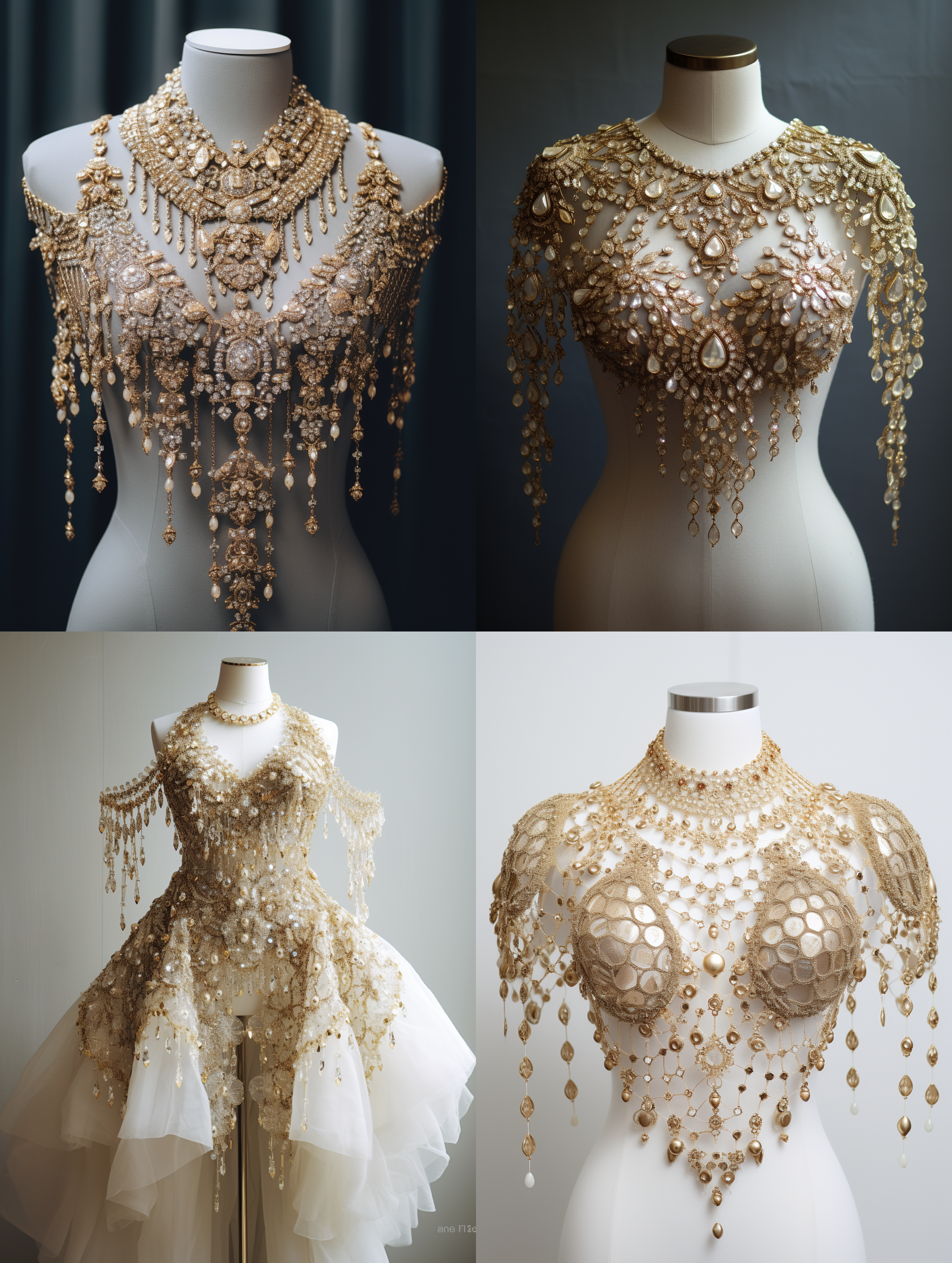 一件衣服，用很多巨大的珠宝。钻石，黄金丝线做成的金黄金黄的圆领衣服，非常华丽。白色底