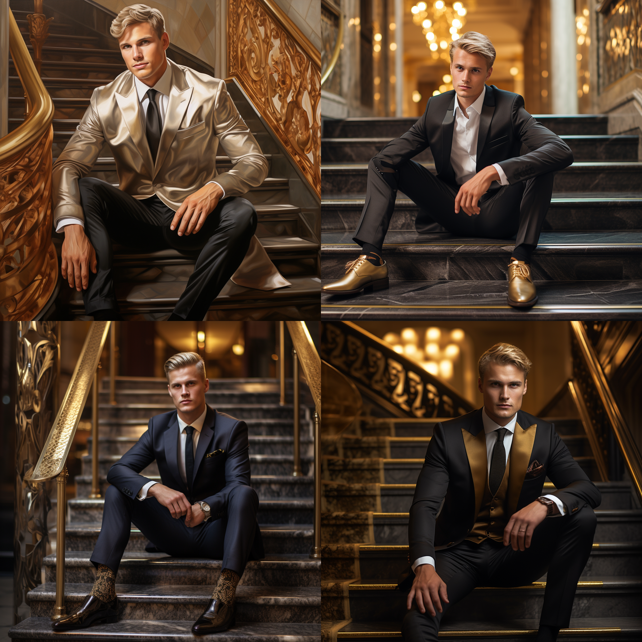 一个帅气的金发男士，犀利的眼神，穿着笔挺正装，坐在大厅的台阶上，奢华的背景，呈亮的皮鞋，他的身边围满各种各样的金色，他专注的看着前方，银色等奢侈风格的，脸上透出自信的笑容