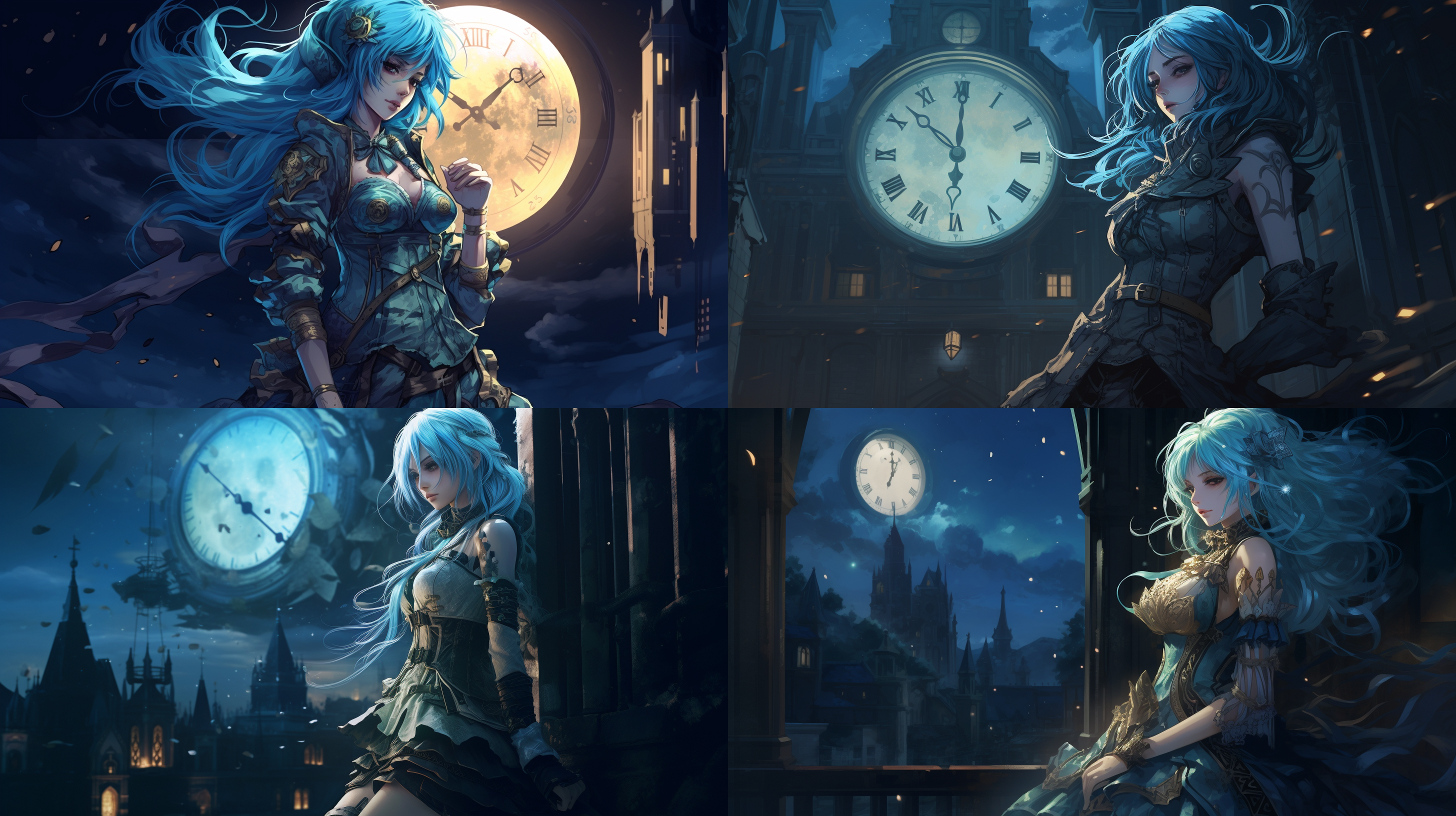 a woman with blue hair and a sword in front of a full moon background with a clock tower and a window, ultra detailed, a character portrait, aguri uchida, sots art