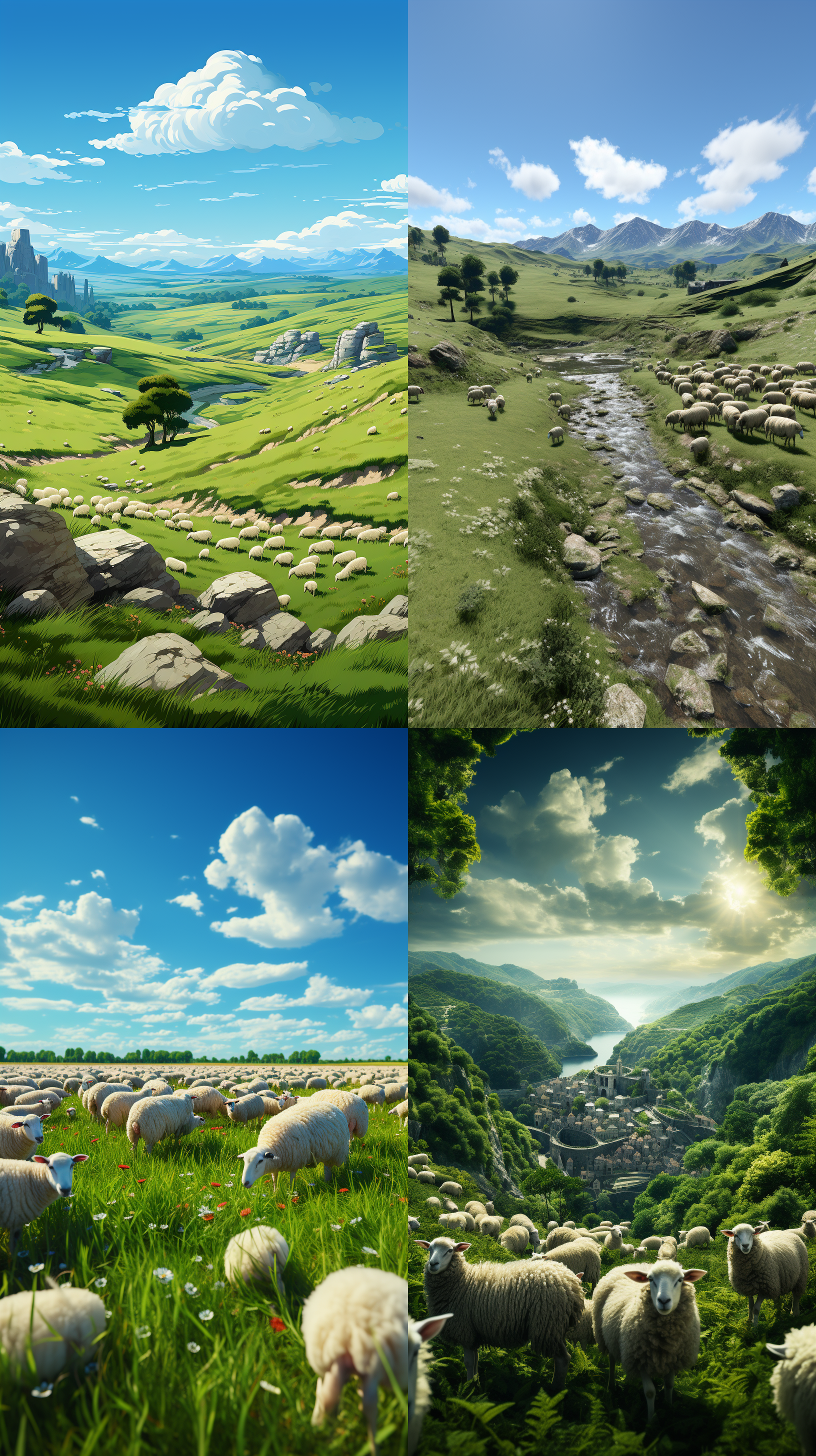 圆润立体的时时高三个汉字，周围有羊群，在一个牧场里，蓝天，白云，青草地，逼真风格，全景，8k
