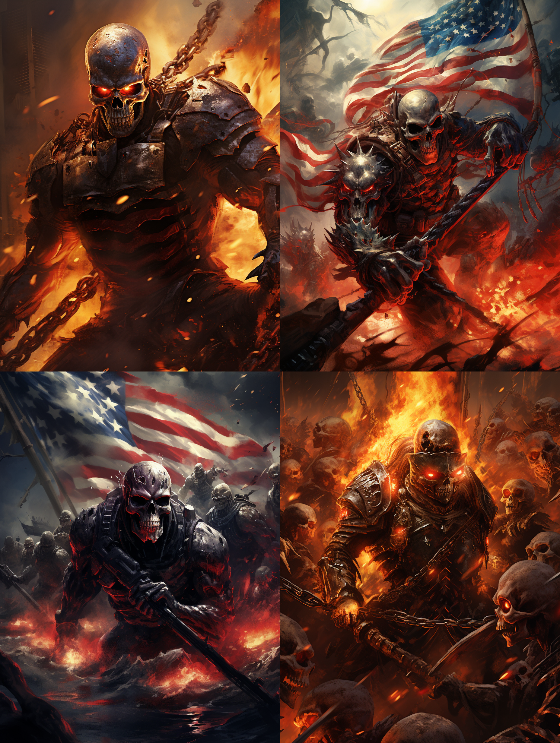 骷髅战士，手握钢枪，身穿美国国旗，在钢铁洪流中战斗。四周一遍火海