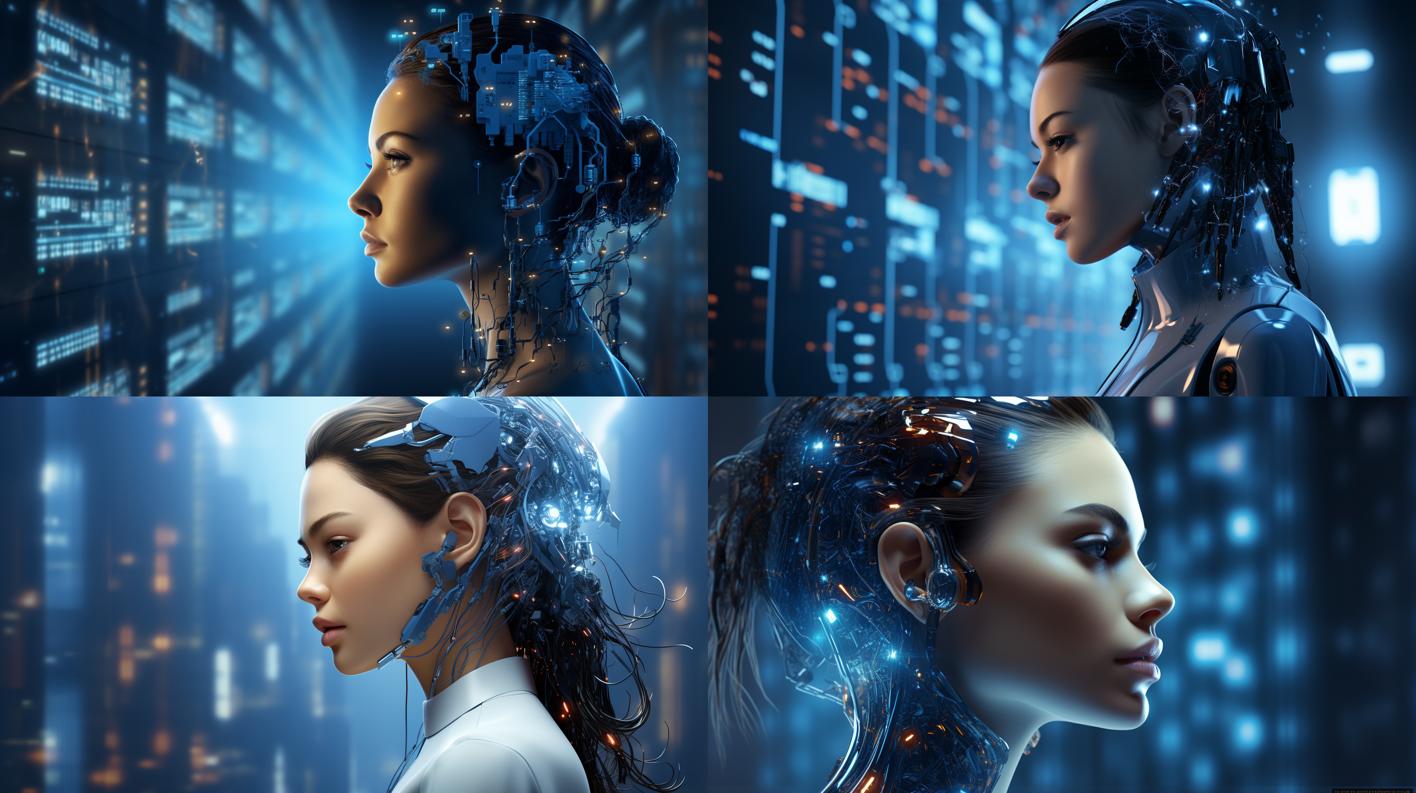 生成一组以ai科技为代表的形象广告，画面体现ai智能机器人，智能芯片电路，大数据运算，ai科技与城市和乡村的应用特征等科技元素，使用科技蓝为主色调，体现强烈的科技感和未来感，顶级的画质，现代风的广告设计，体现科技美学，艺术美学，唯美，色彩饱和层次丰富，画面细节丰富