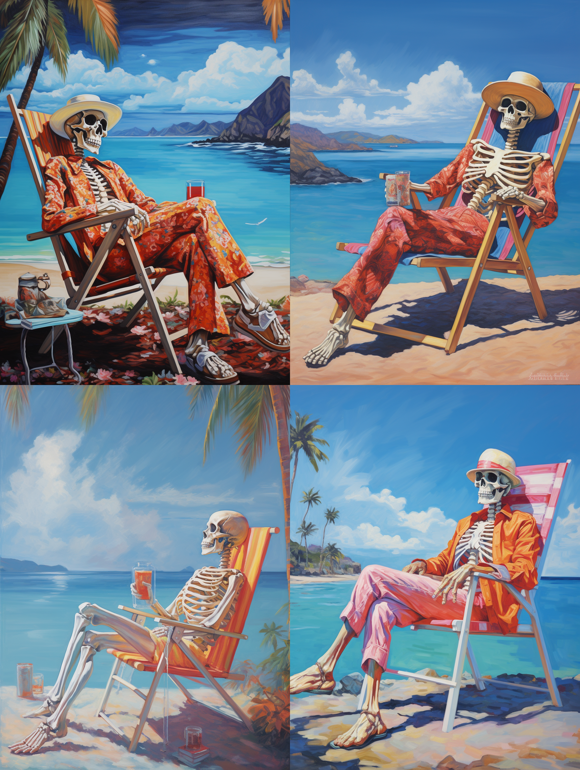 骷髅人在海边渡假，身在海边沙滩的躺椅上，穿着短衣短裤，叼着一支烟，蓝色的海水，晴朗的天空，棷树在海边，整个画面颜色艳丽